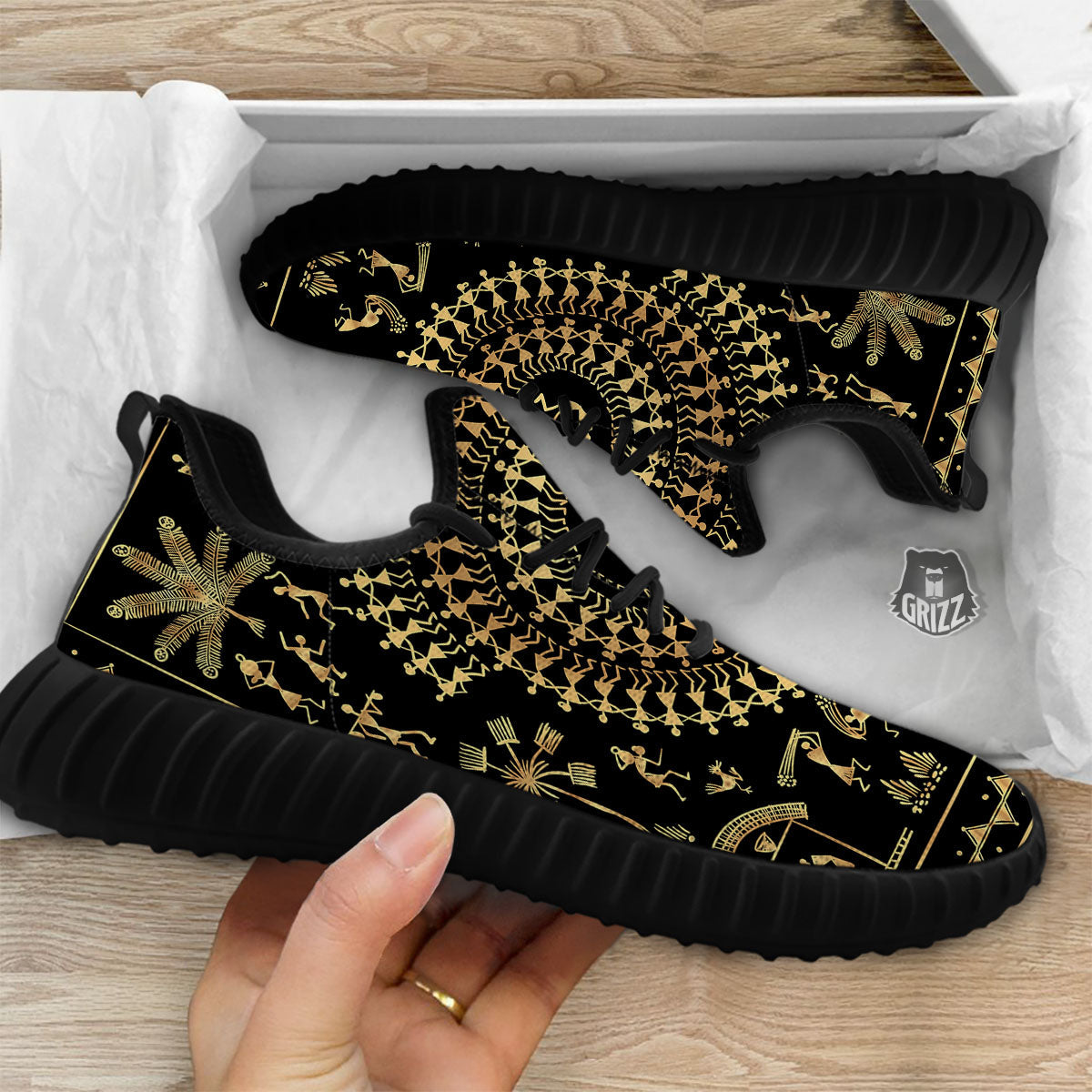Warli Tribal Gold And Black Print Black Walking Shoes-grizzshop