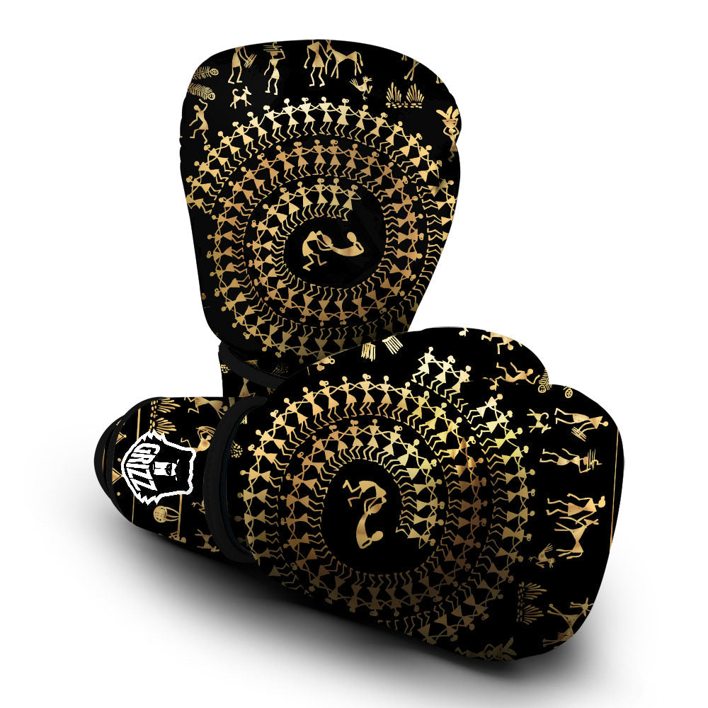 Warli Tribal Gold And Black Print Boxing Gloves-grizzshop