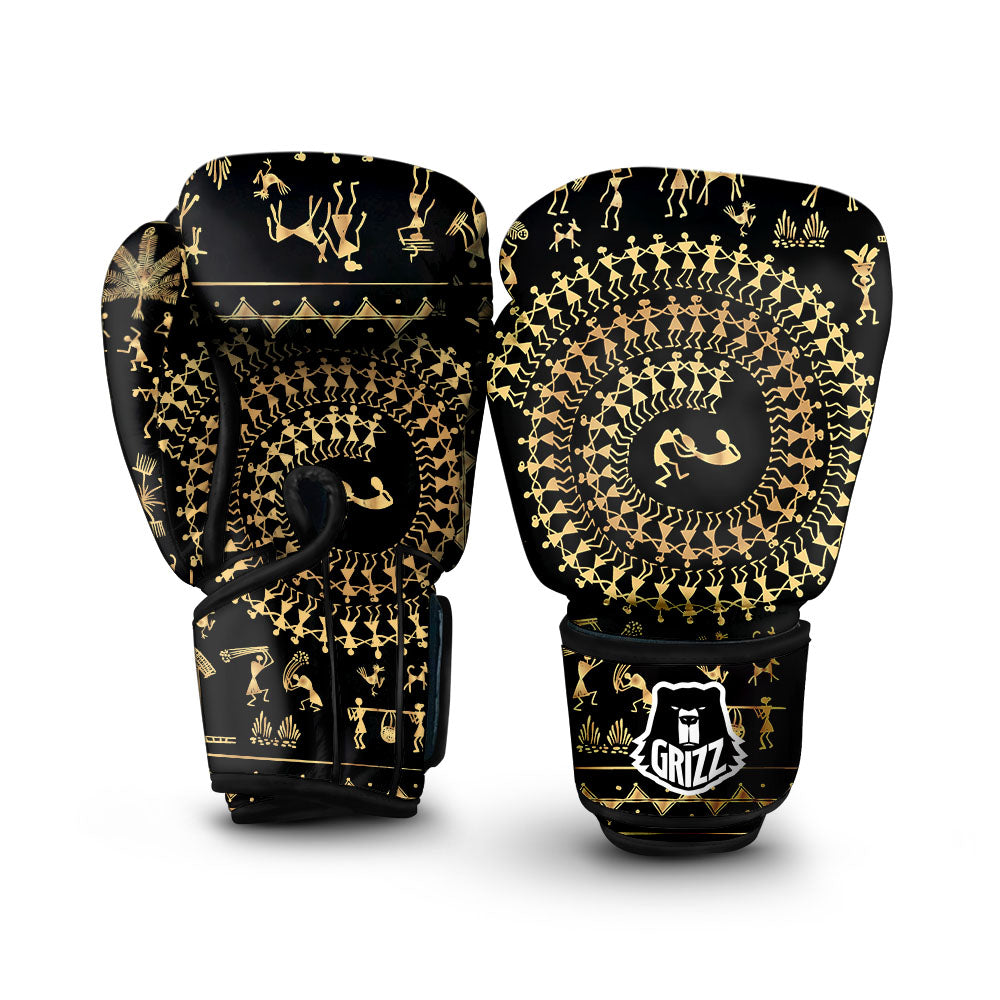 Warli Tribal Gold And Black Print Boxing Gloves-grizzshop