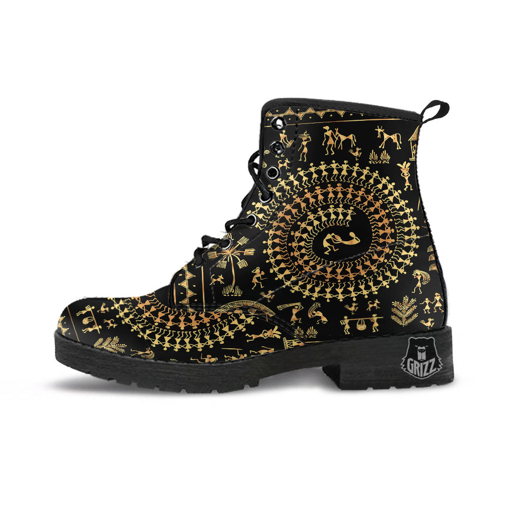 Warli Tribal Gold And Black Print Leather Boots-grizzshop
