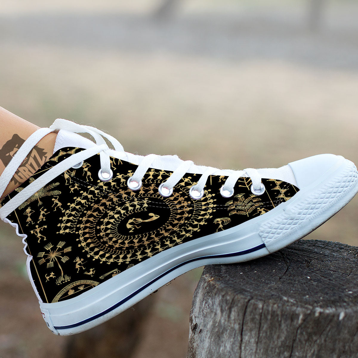 Warli Tribal Gold And Black Print White High Top Shoes-grizzshop