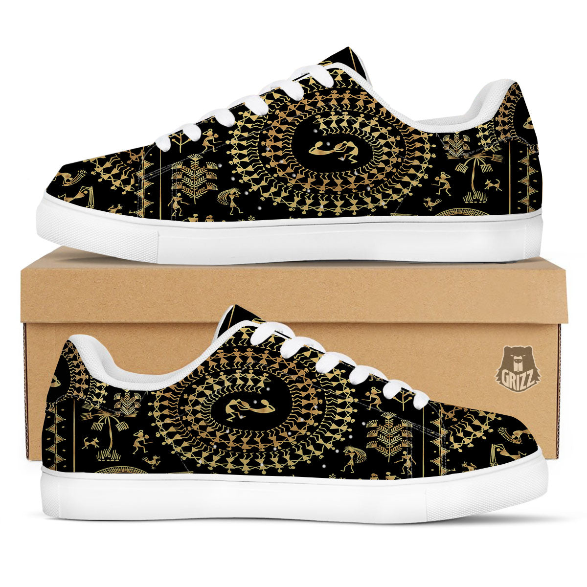 Warli Tribal Gold And Black Print White Low Top Sneakers-grizzshop