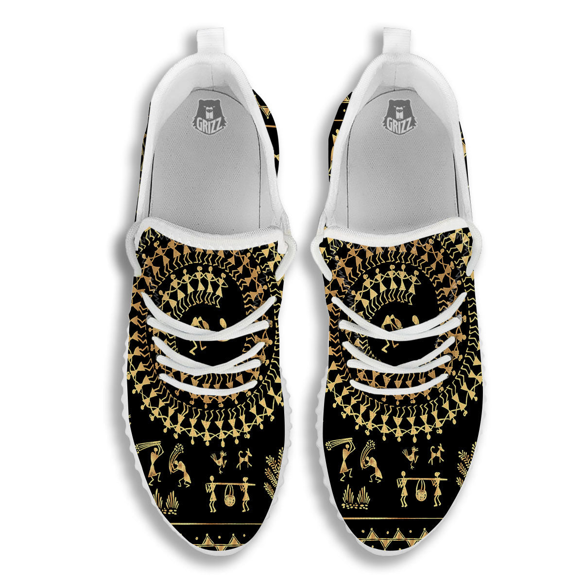 Warli Tribal Gold And Black Print White Walking Shoes-grizzshop
