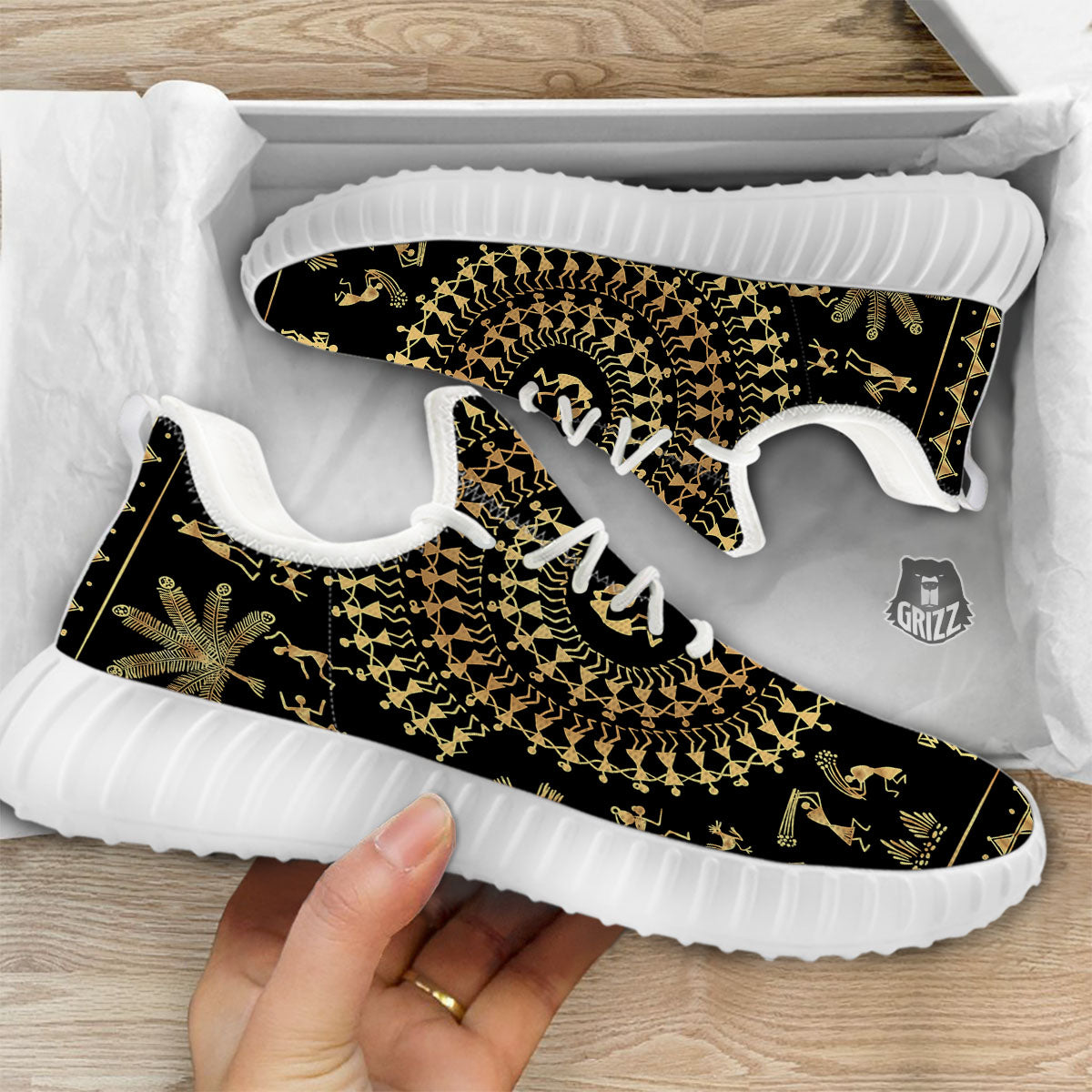 Warli Tribal Gold And Black Print White Walking Shoes-grizzshop