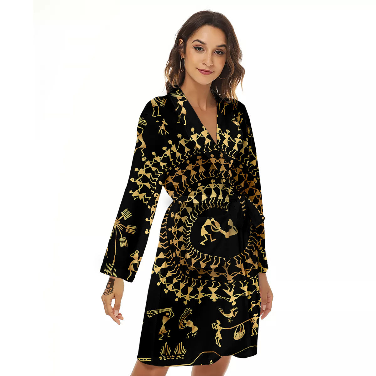 Warli Tribal Gold And Black Print Women's Robe-grizzshop