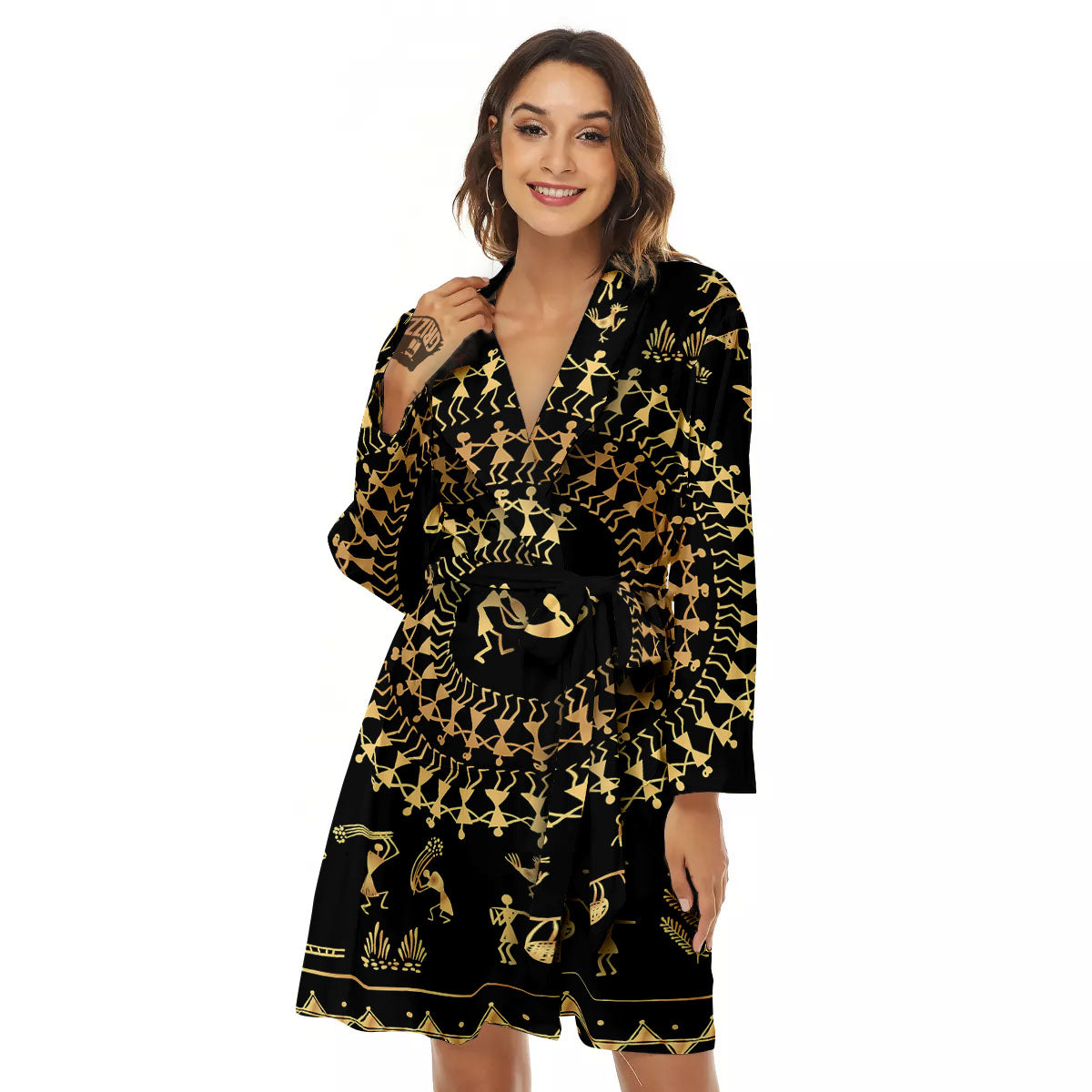 Warli Tribal Gold And Black Print Women's Robe-grizzshop