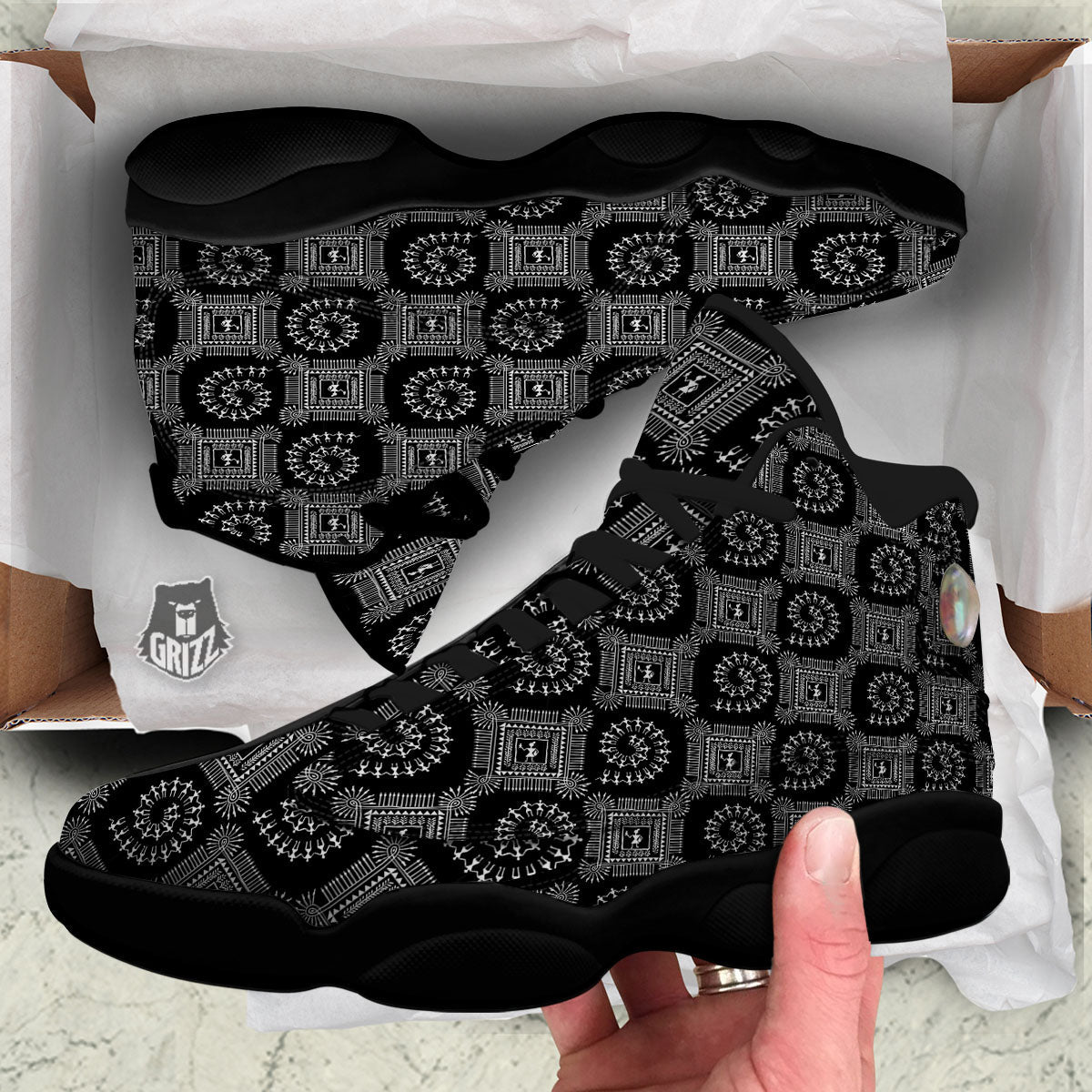 Warli Tribal White And Black Print Black Basketball Shoes-grizzshop