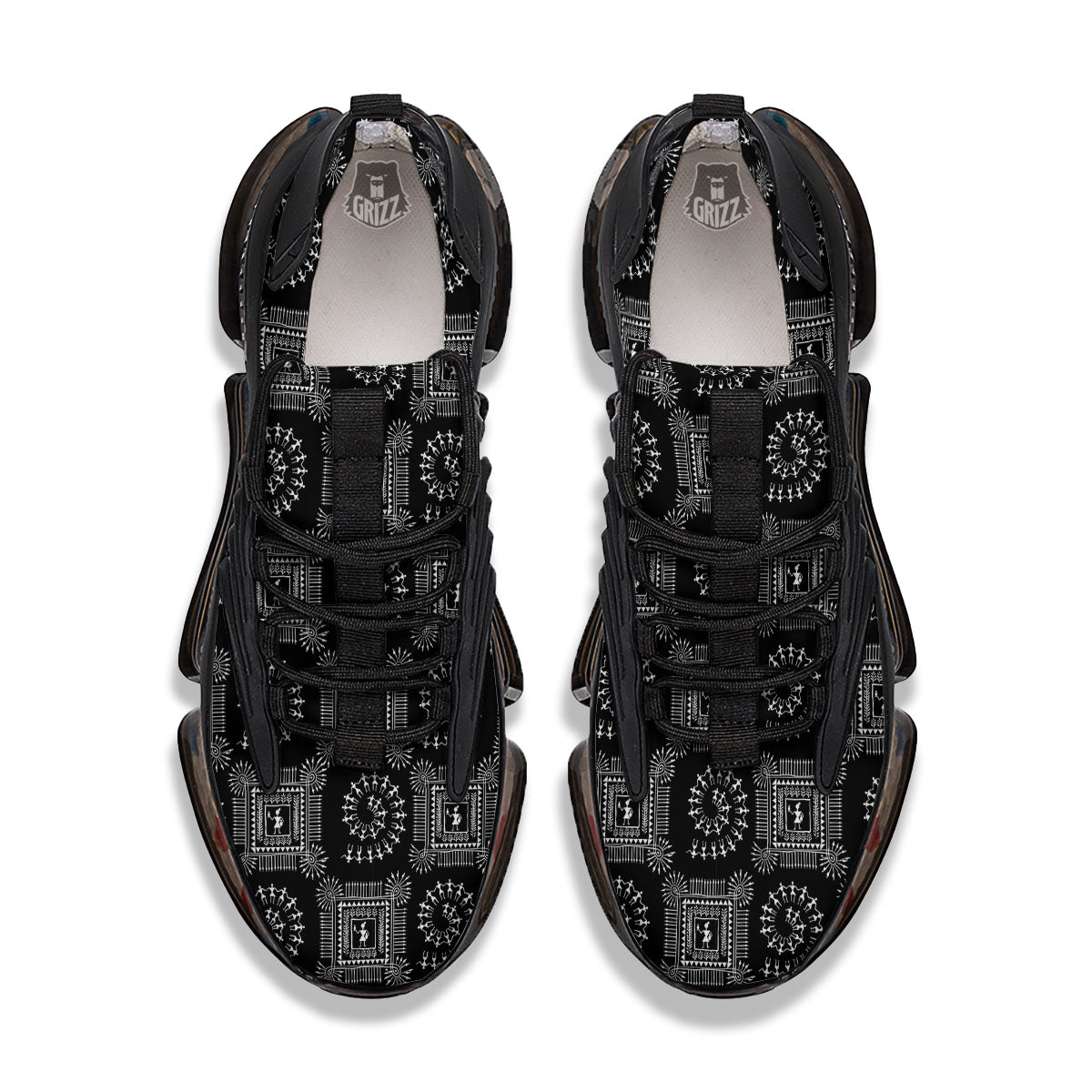 Warli Tribal White And Black Print Black Gym Shoes-grizzshop
