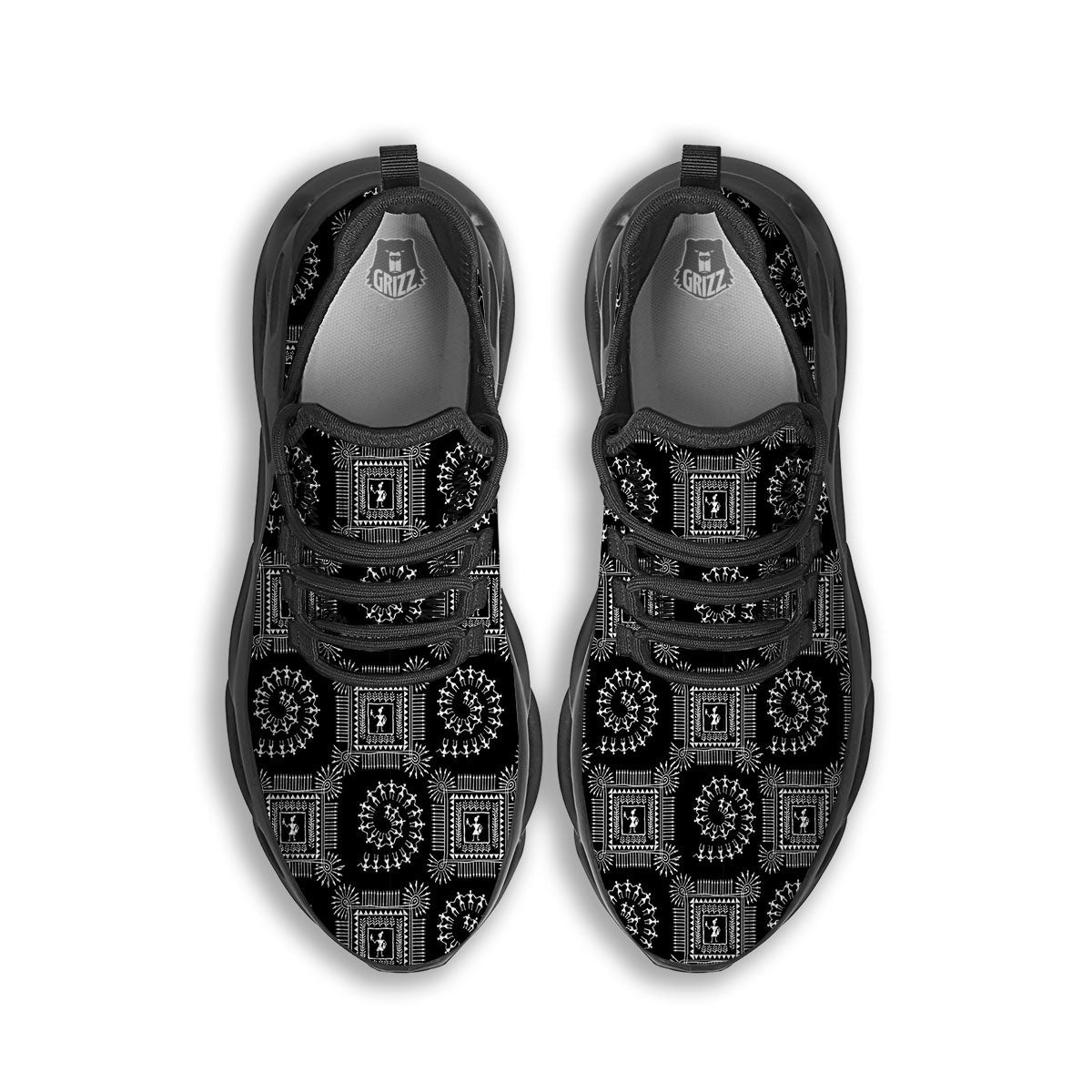 Warli Tribal White And Black Print Black Running Shoes-grizzshop