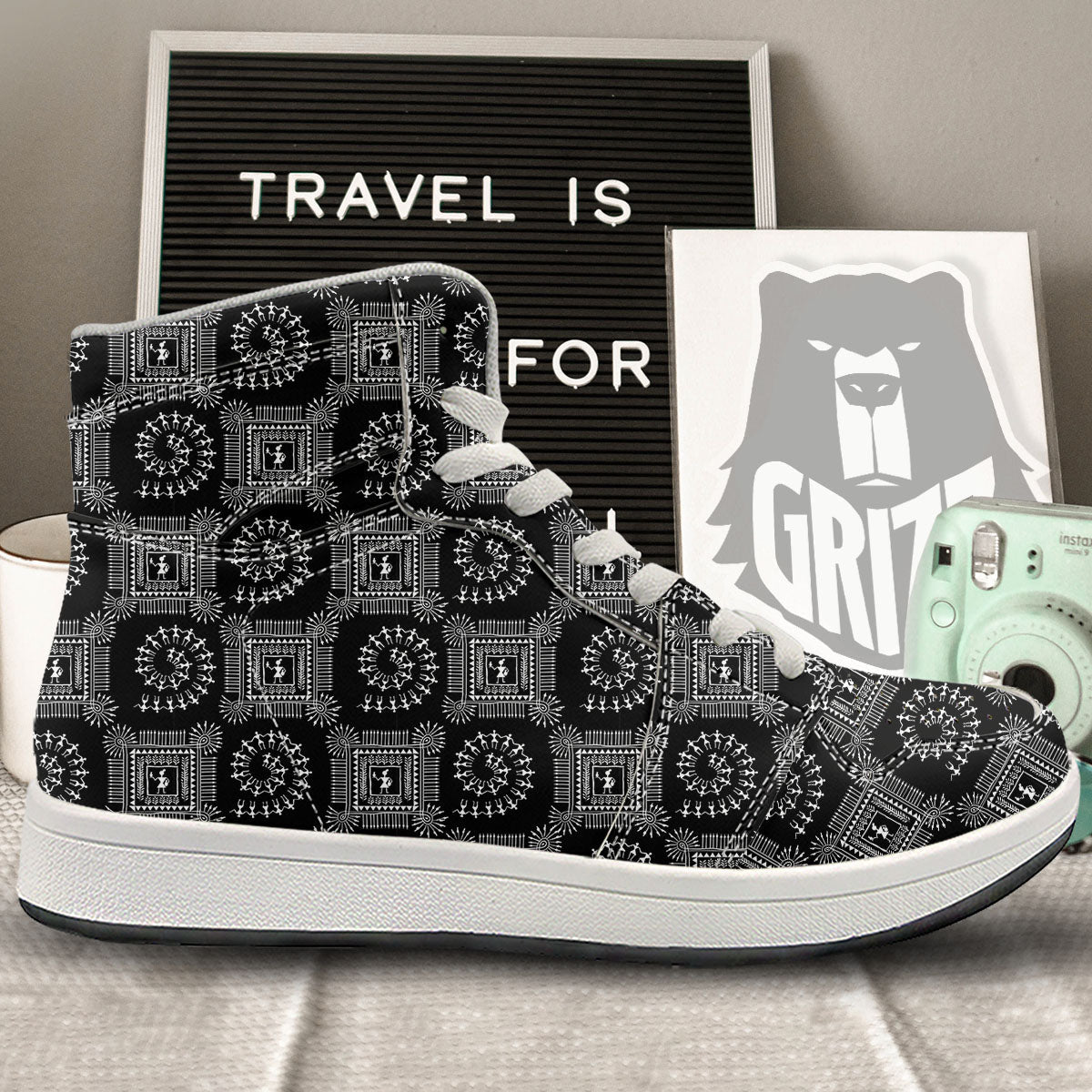 Warli Tribal White And Black Print High Top Sneakers-grizzshop