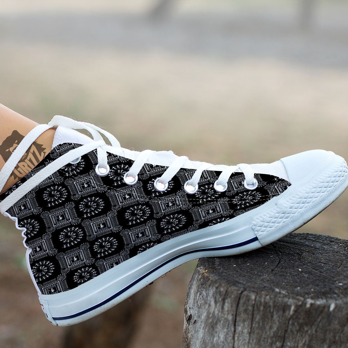 Warli Tribal White And Black Print White High Top Shoes-grizzshop