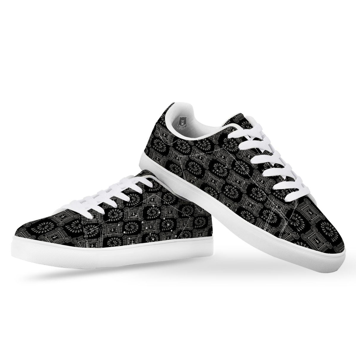 Warli Tribal White And Black Print White Low Top Sneakers-grizzshop