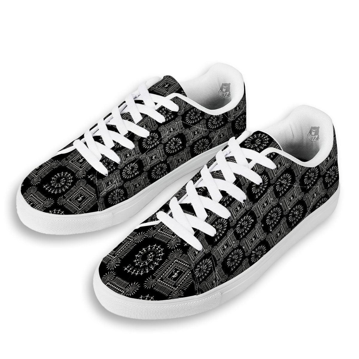 Warli Tribal White And Black Print White Low Top Sneakers-grizzshop