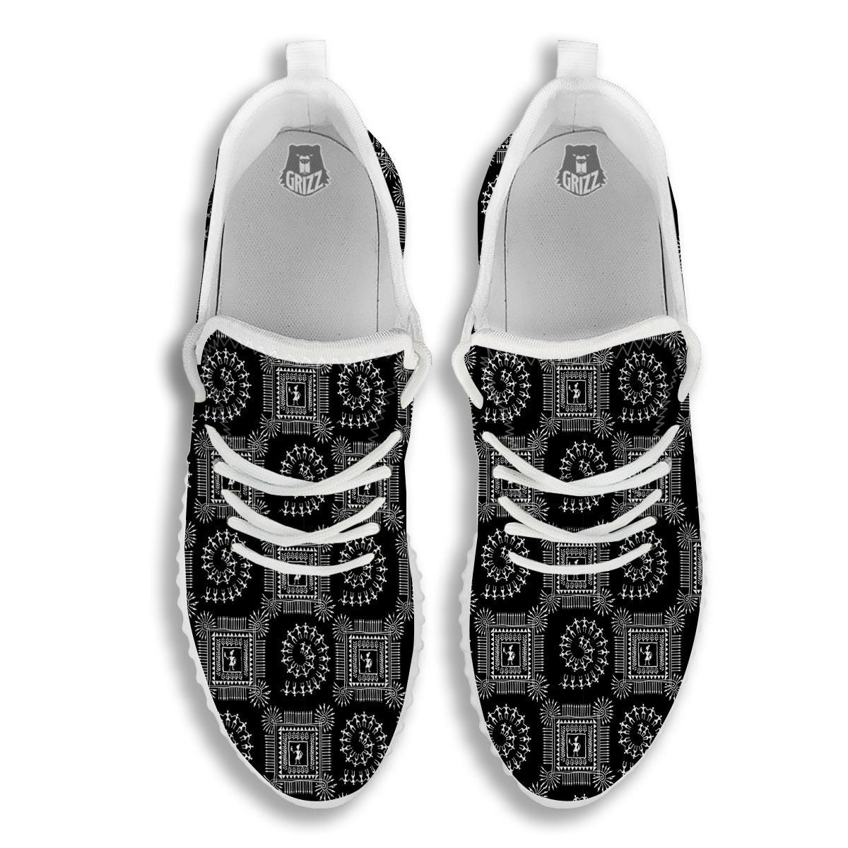 Warli Tribal White And Black Print White Walking Shoes-grizzshop