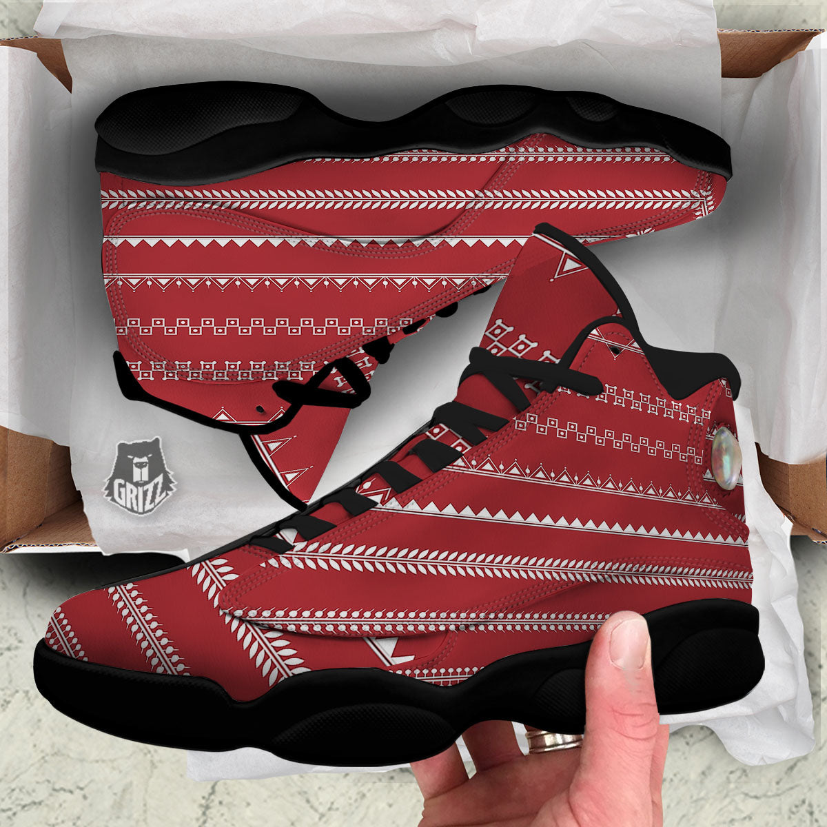 Warli Tribal White And Red Print Black Basketball Shoes-grizzshop