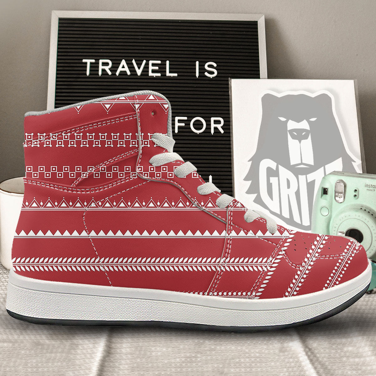 Warli Tribal White And Red Print High Top Sneakers-grizzshop