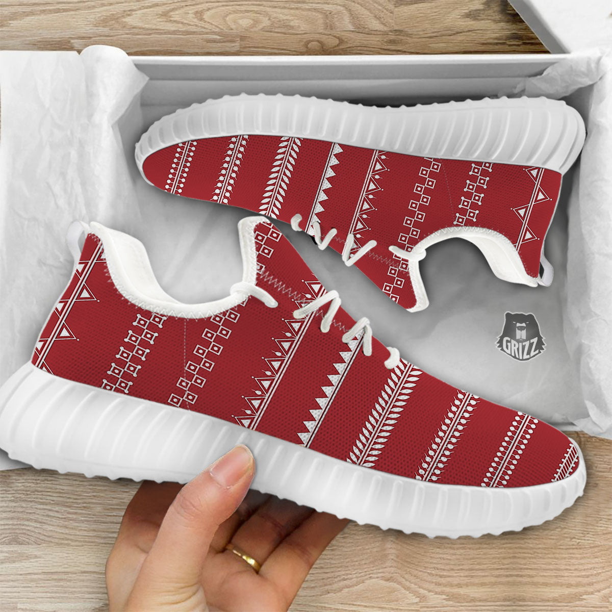 Warli Tribal White And Red Print White Walking Shoes-grizzshop