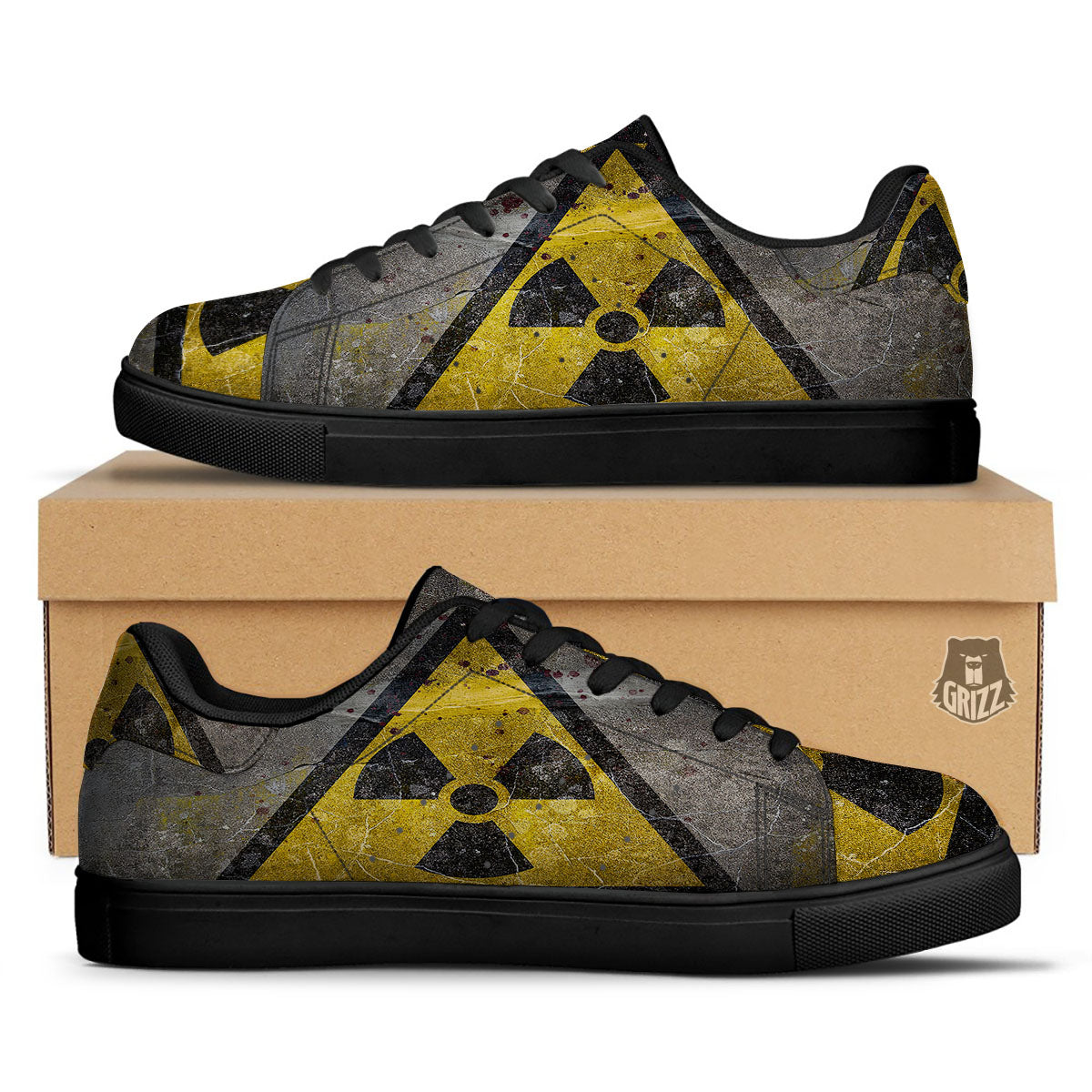 Warning Nuclear Symbol Print Black Low Top Sneakers-grizzshop