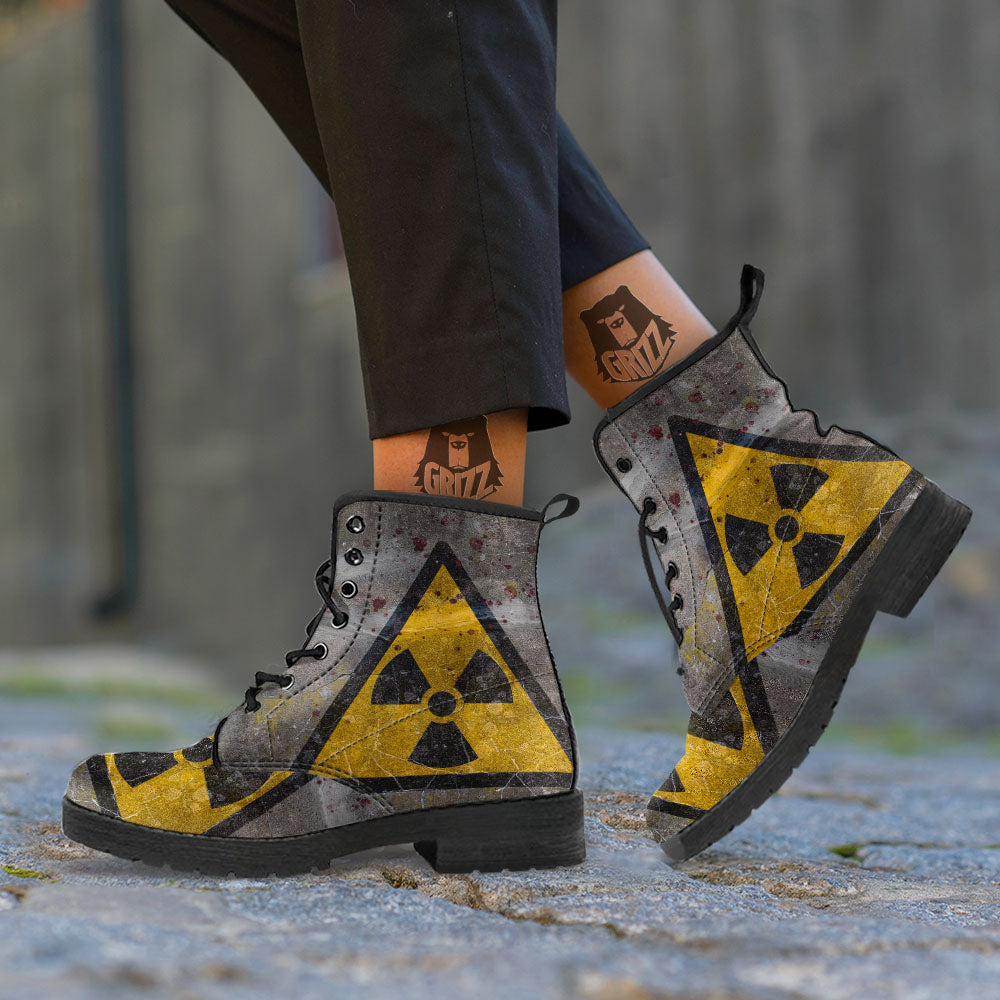 Warning Nuclear Symbol Print Leather Boots-grizzshop