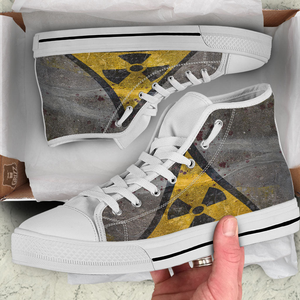 Warning Nuclear Symbol Print White High Top Shoes-grizzshop