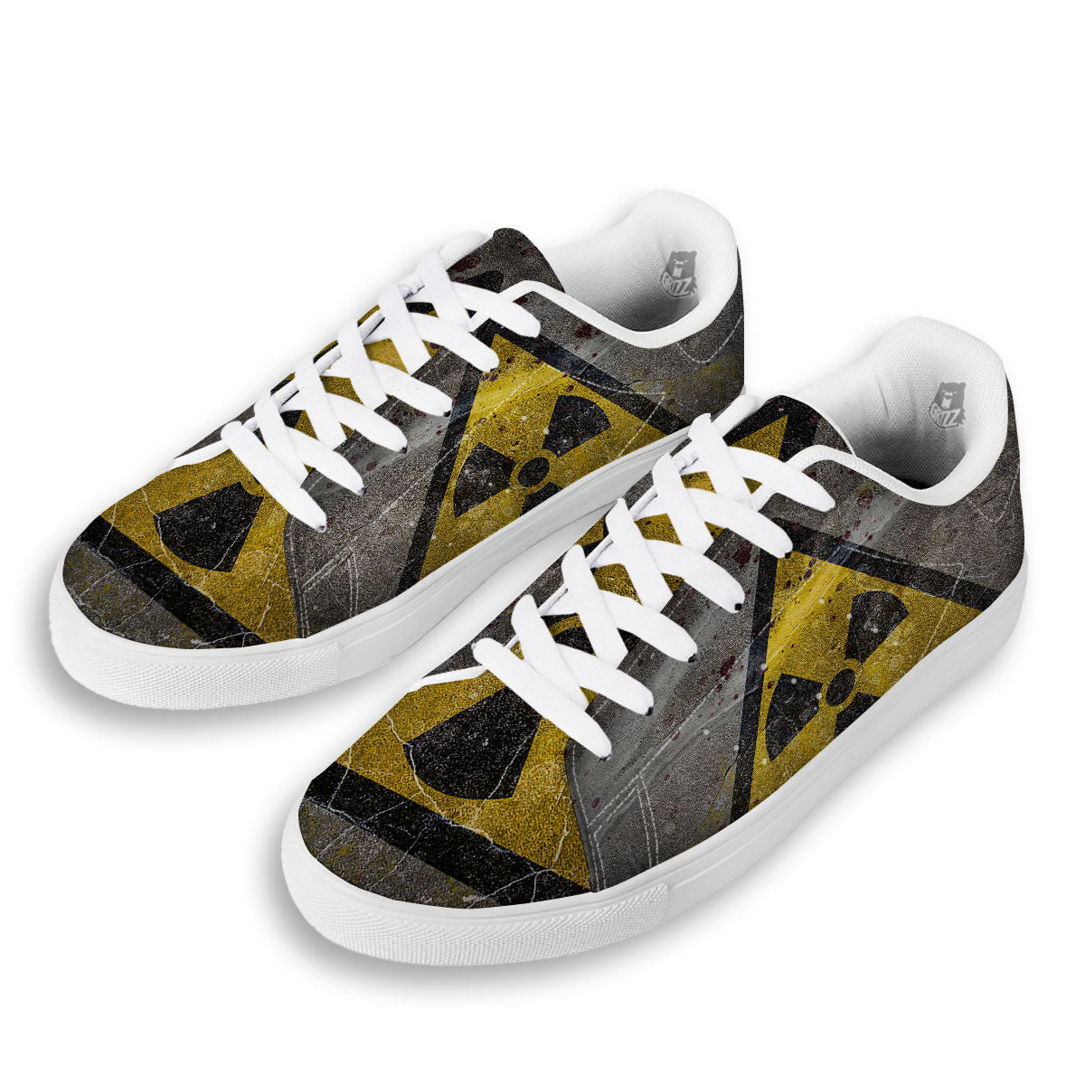 Warning Nuclear Symbol Print White Low Top Sneakers-grizzshop