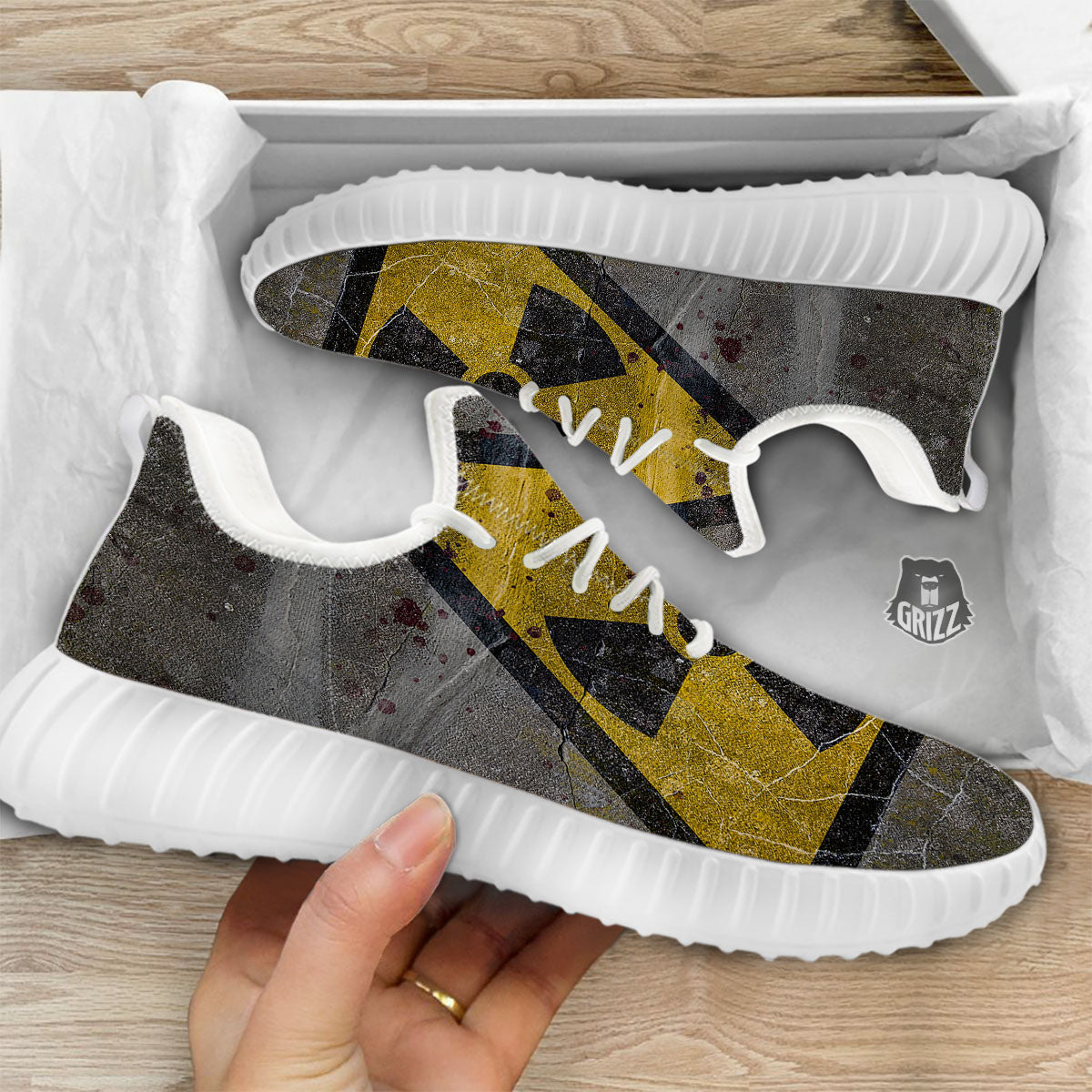 Warning Nuclear Symbol Print White Walking Shoes-grizzshop