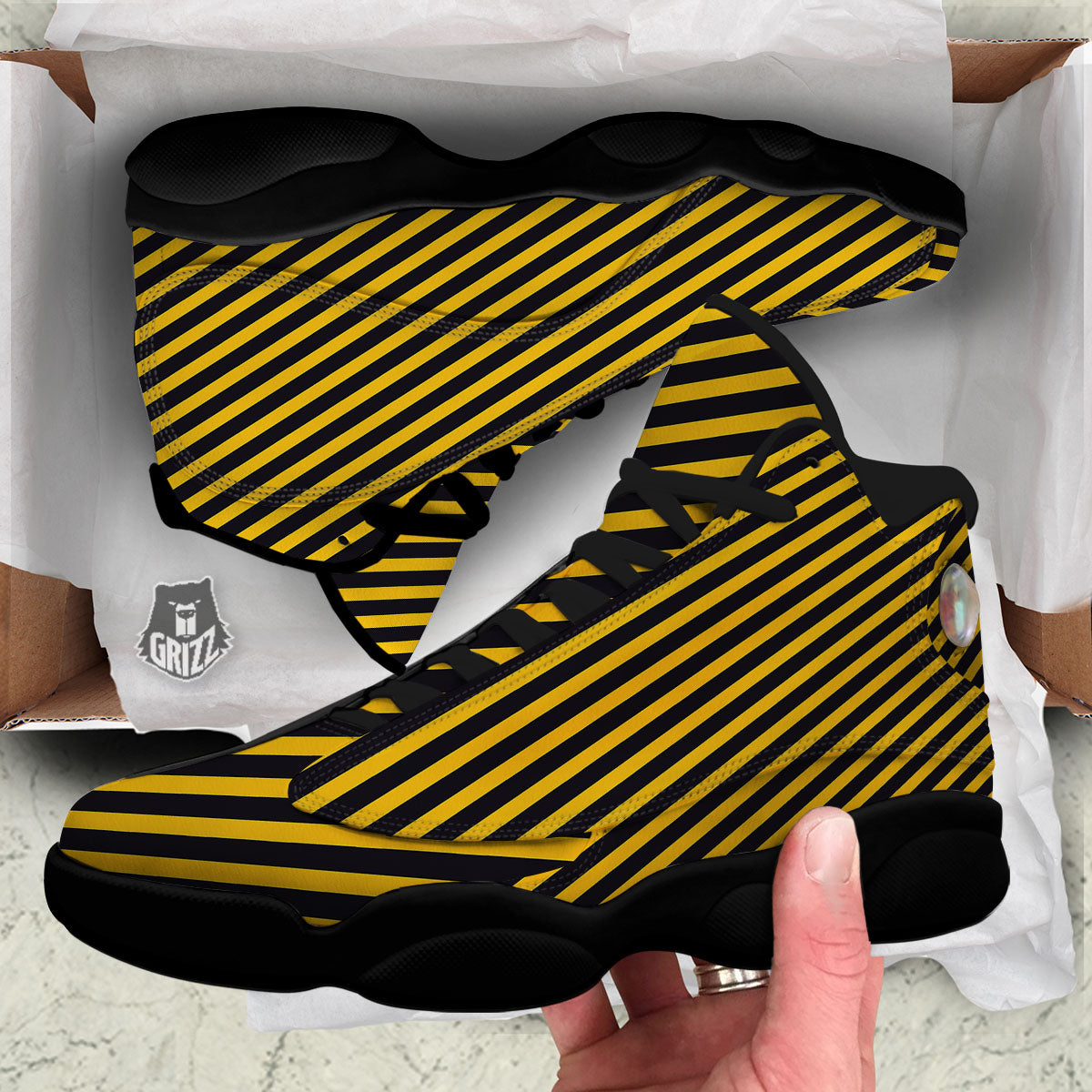 Warning Striped Yellow And Black Print Black Basketball Shoes-grizzshop