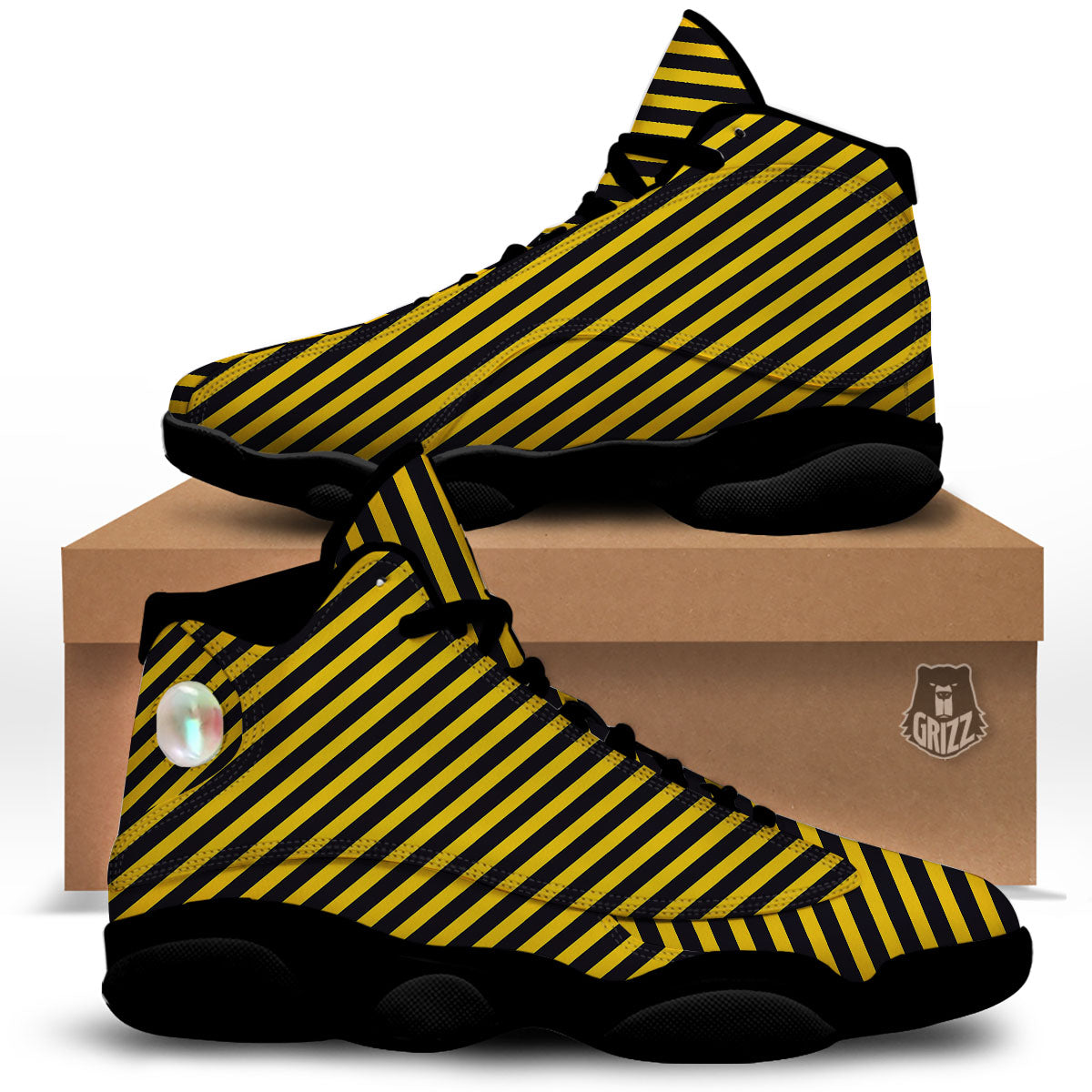 Warning Striped Yellow And Black Print Black Basketball Shoes-grizzshop