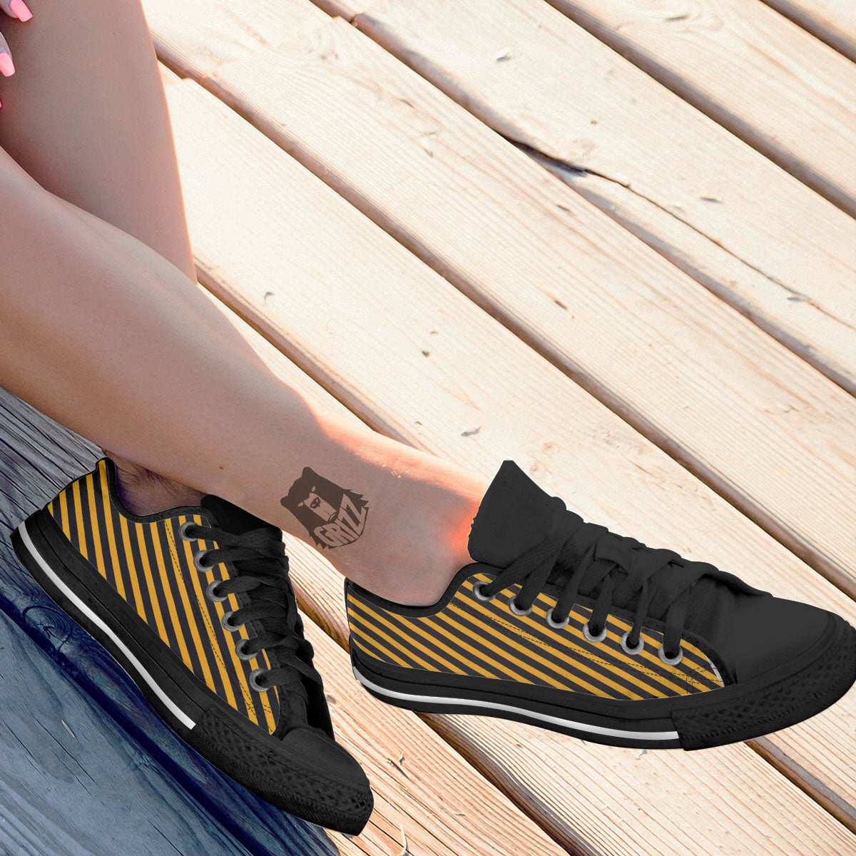 Warning Striped Yellow And Black Print Black Low Top Shoes-grizzshop