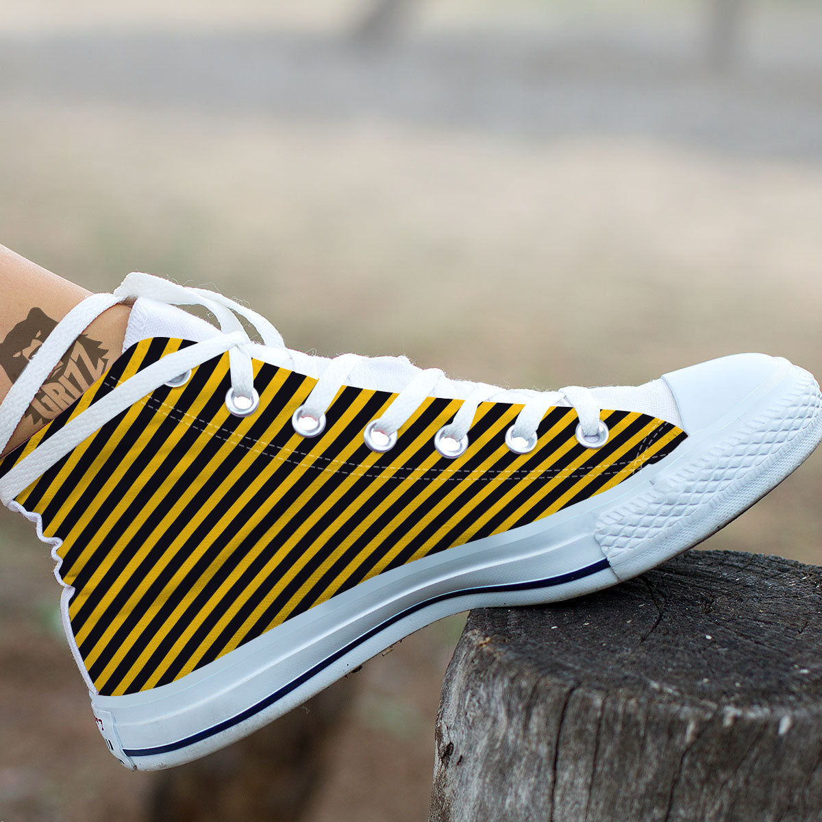 Warning Striped Yellow And Black Print White High Top Shoes-grizzshop