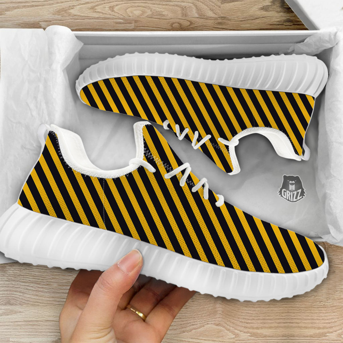 Warning Striped Yellow And Black Print White Walking Shoes-grizzshop