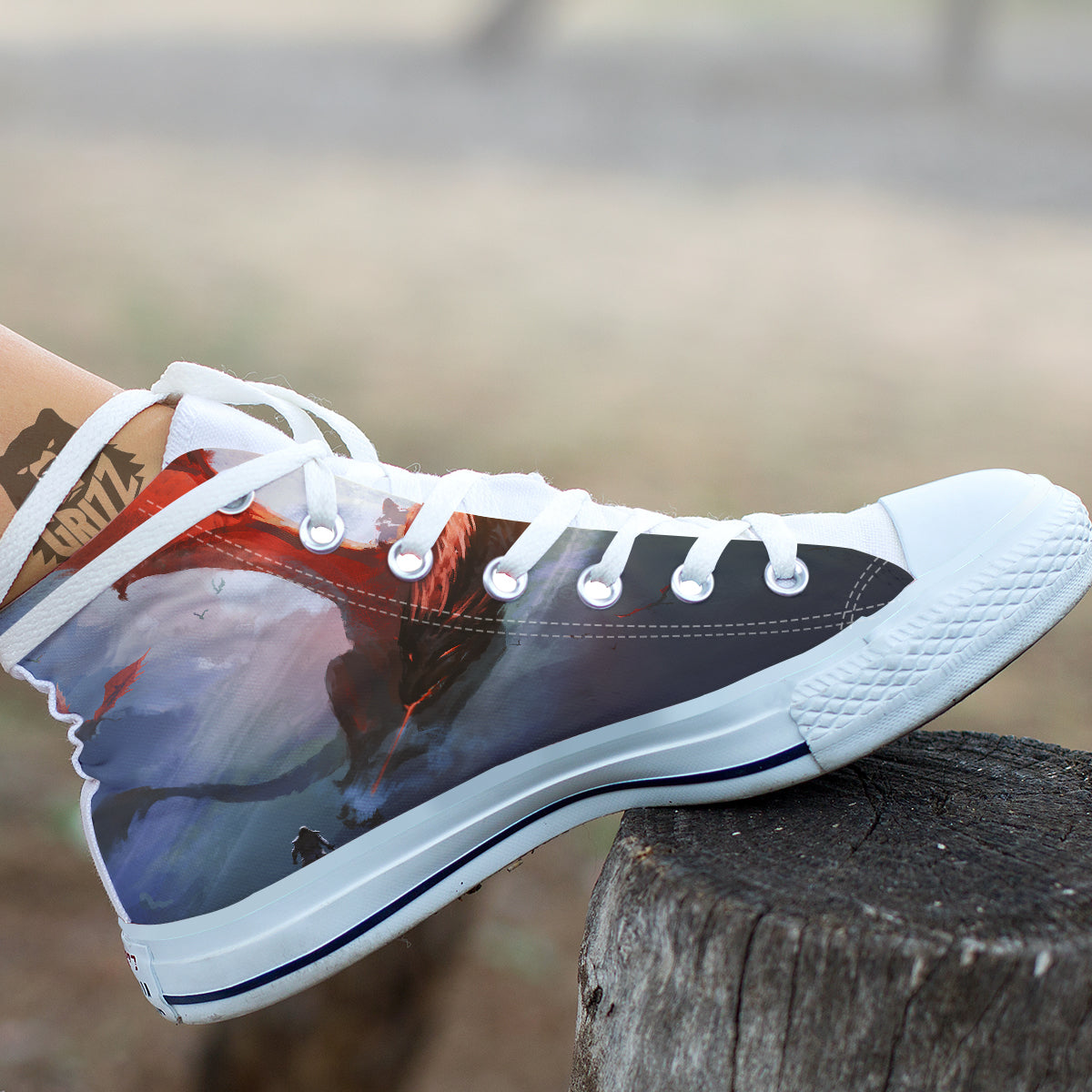 Warrior And Red Dragon Print White High Top Shoes-grizzshop