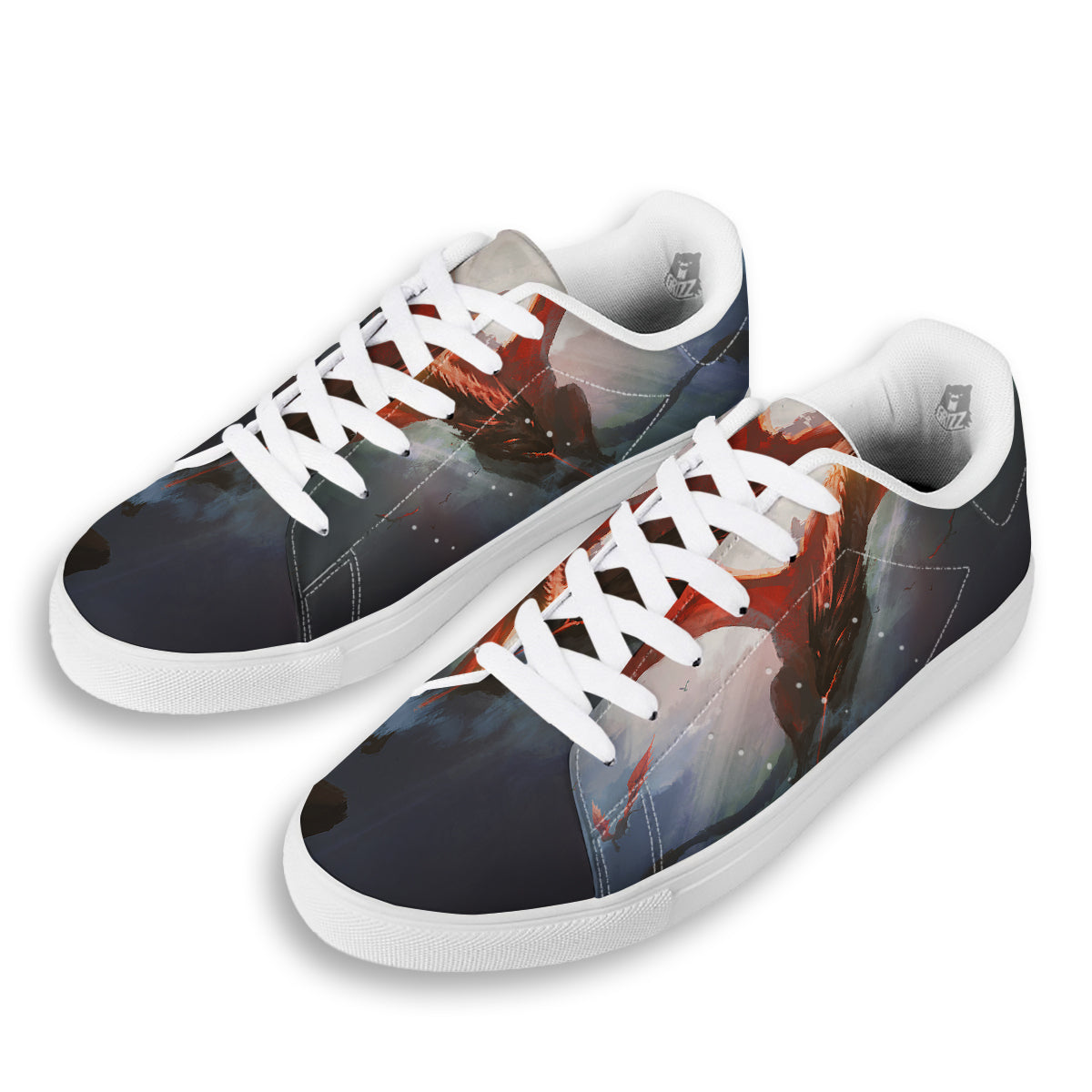 Warrior And Red Dragon Print White Low Top Sneakers-grizzshop