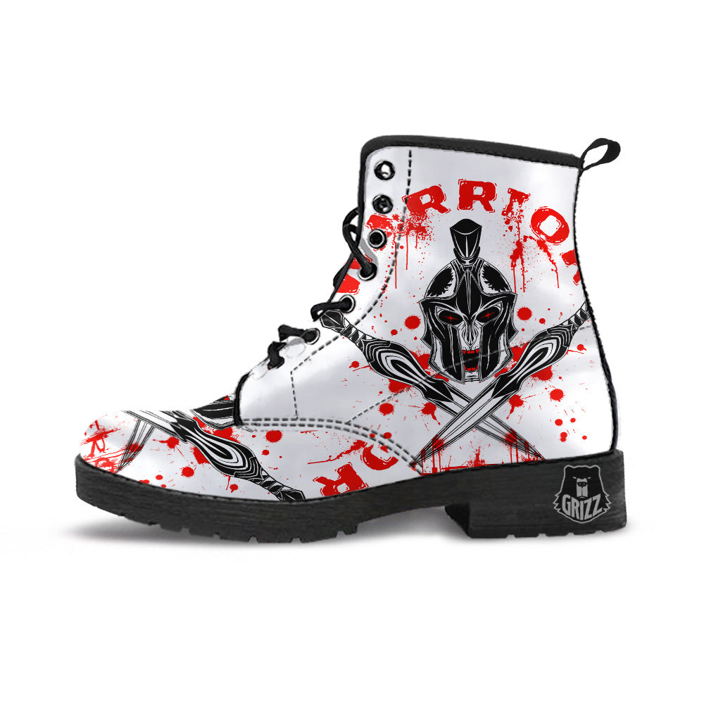 Warrior Bloody Spartan Print Leather Boots-grizzshop