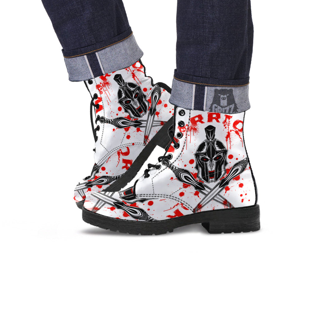 Warrior Bloody Spartan Print Leather Boots-grizzshop