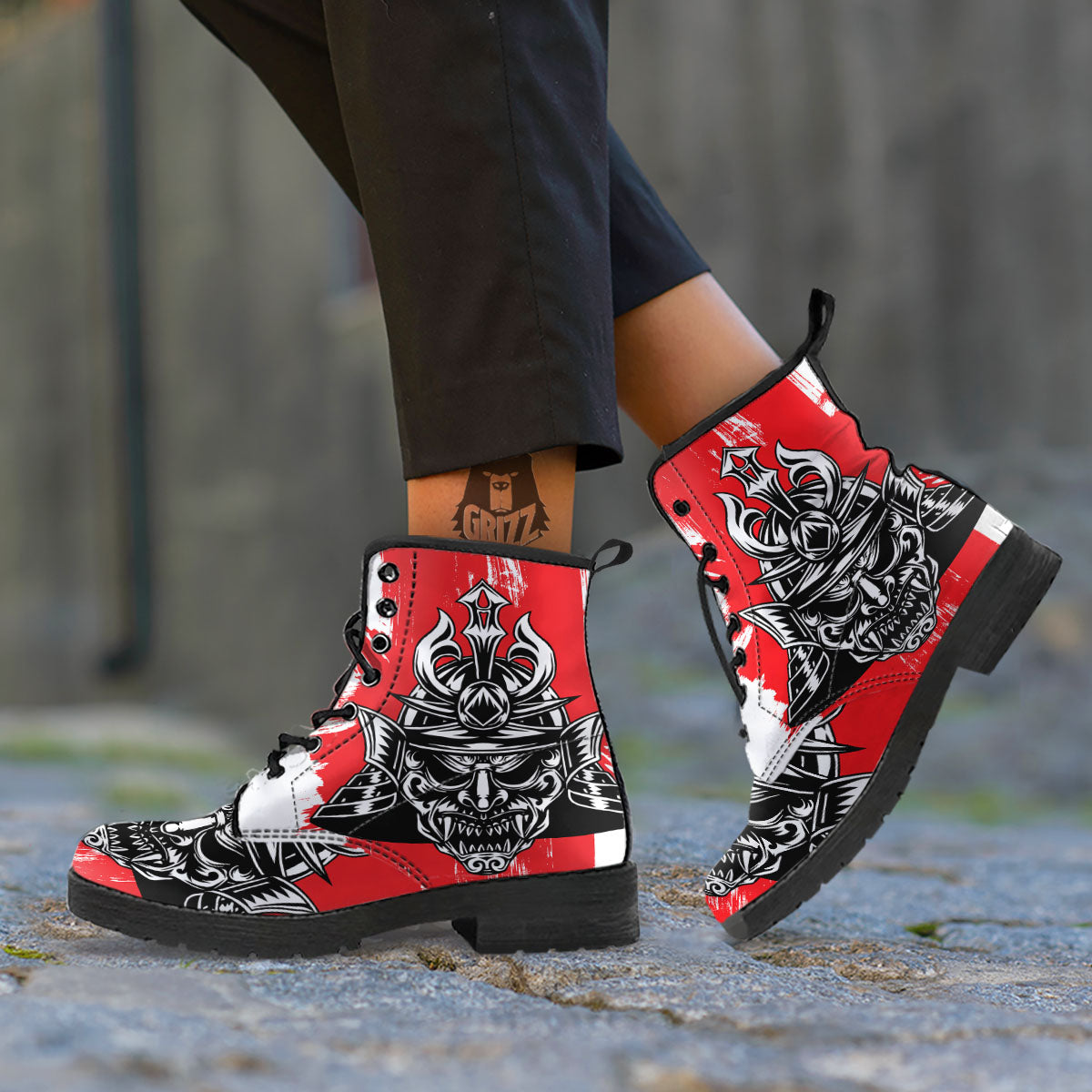 Warrior Japanese Samurai Print Leather Boots-grizzshop