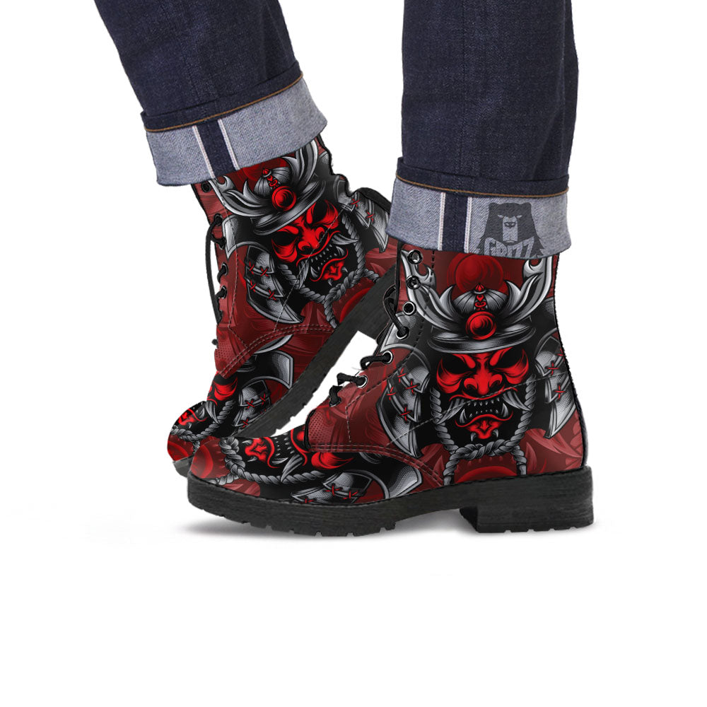 Warrior Mask Japanese Print Leather Boots-grizzshop