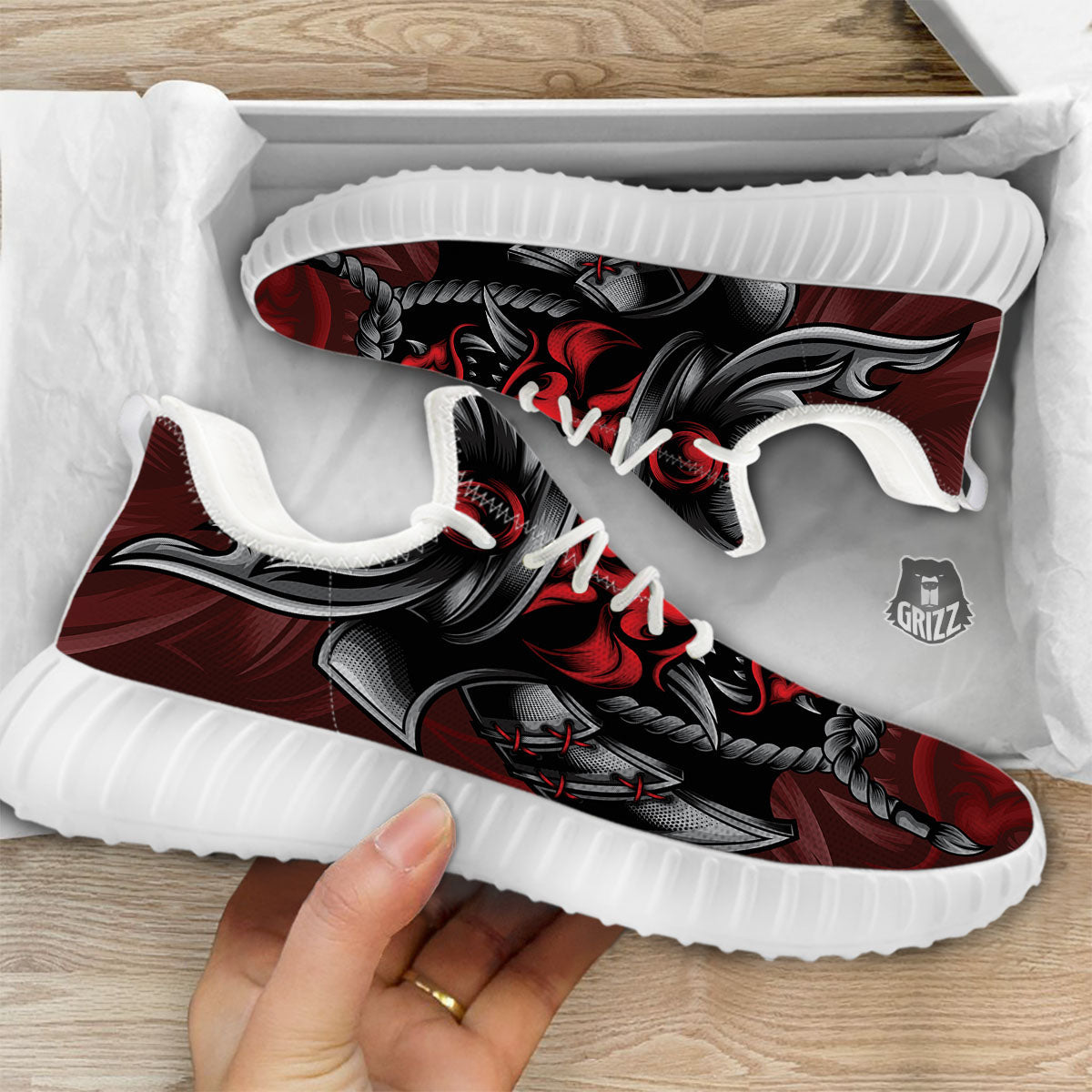 Warrior Mask Japanese Print White Walking Shoes-grizzshop