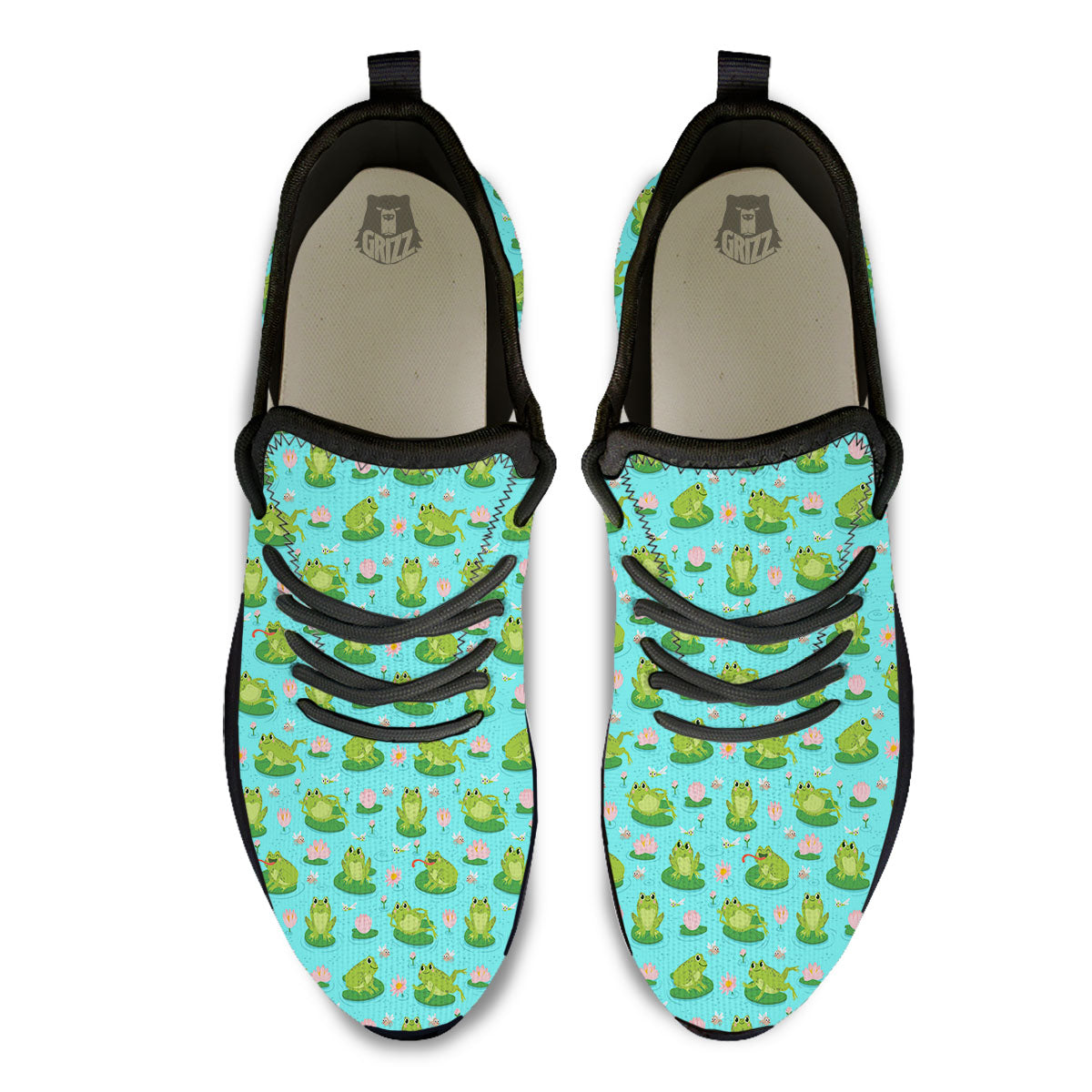 Water Lilies And Frogs Print Pattern Black Athletic Shoes-grizzshop