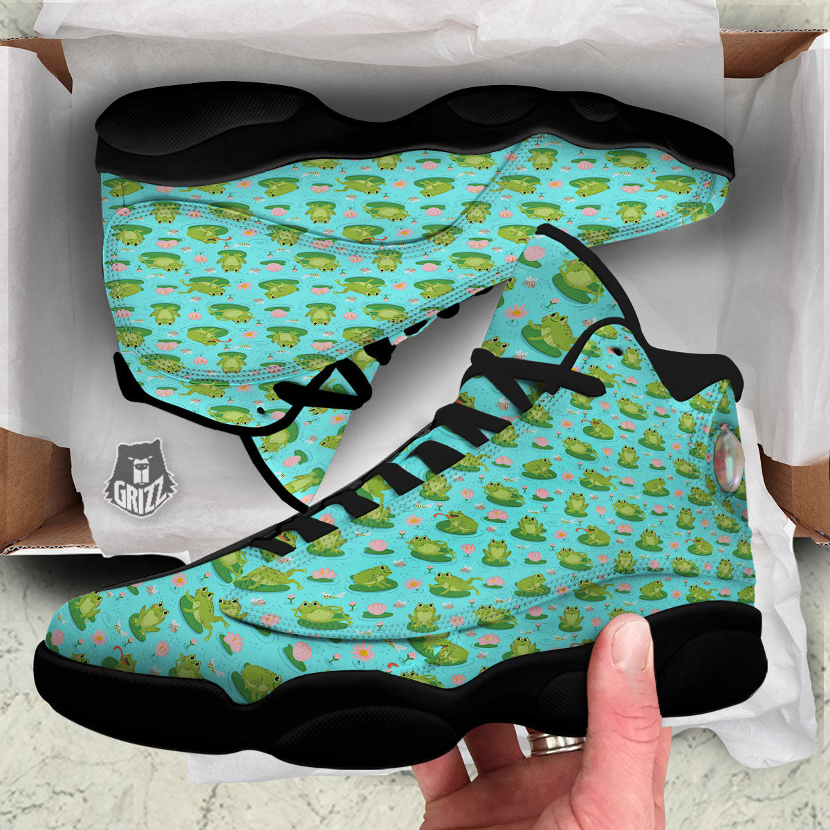 Water Lilies And Frogs Print Pattern Black Basketball Shoes-grizzshop
