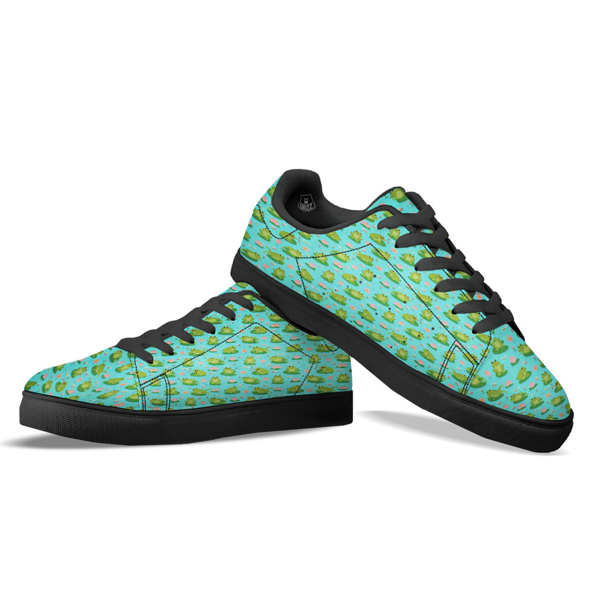 Water Lilies And Frogs Print Pattern Black Low Top Sneakers-grizzshop