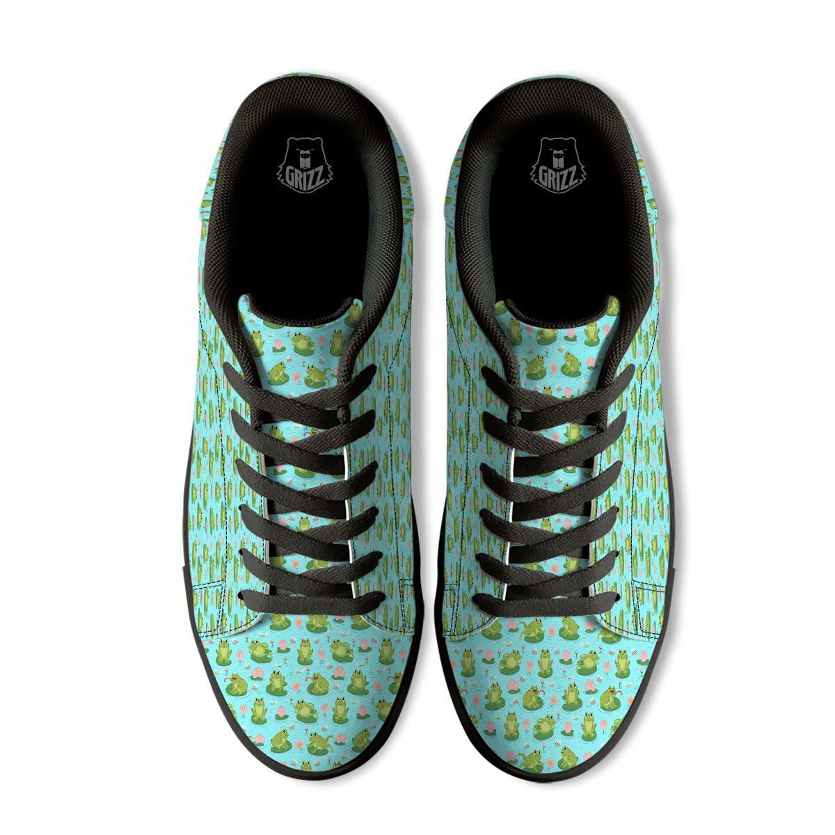Water Lilies And Frogs Print Pattern Black Low Top Sneakers-grizzshop