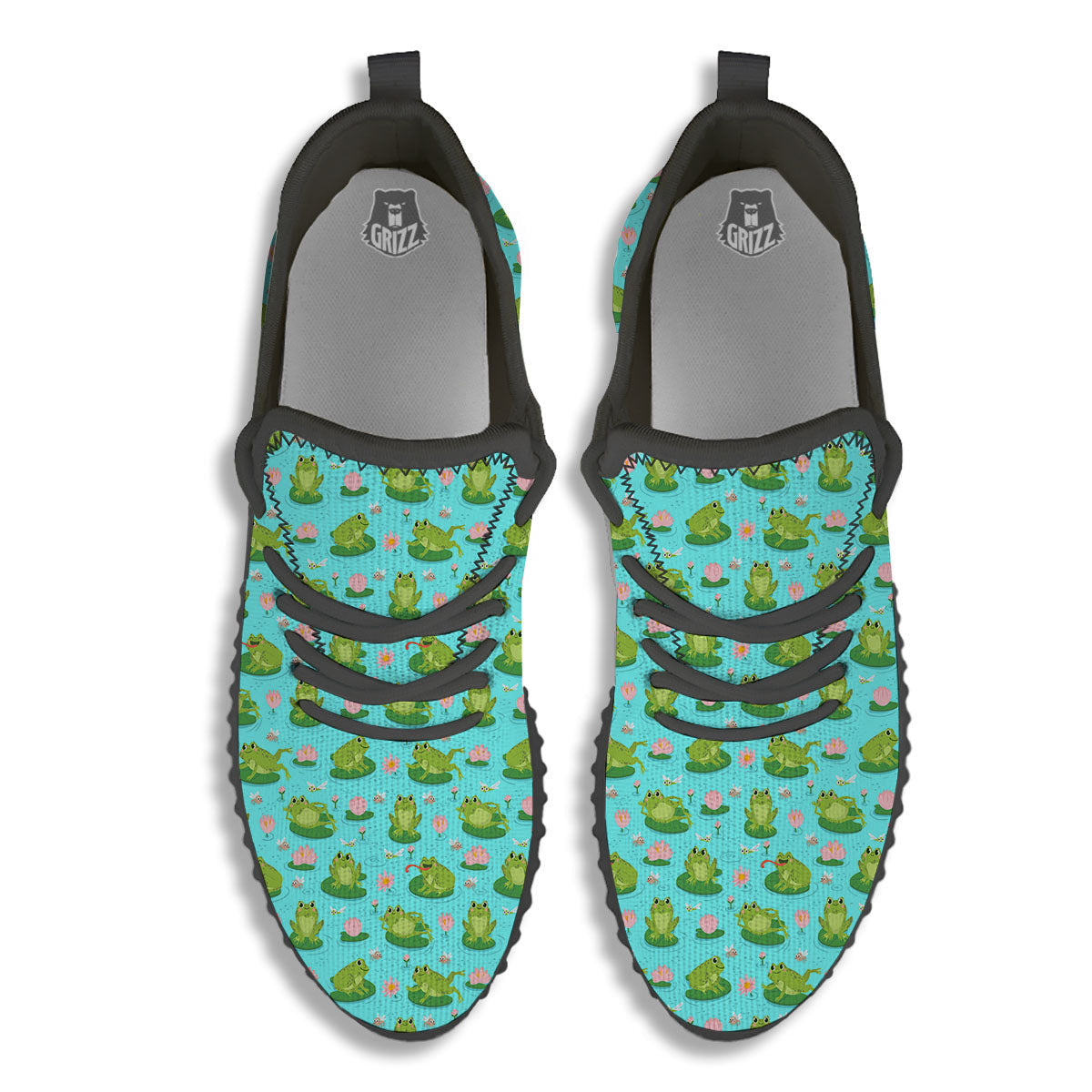 Water Lilies And Frogs Print Pattern Black Walking Shoes-grizzshop