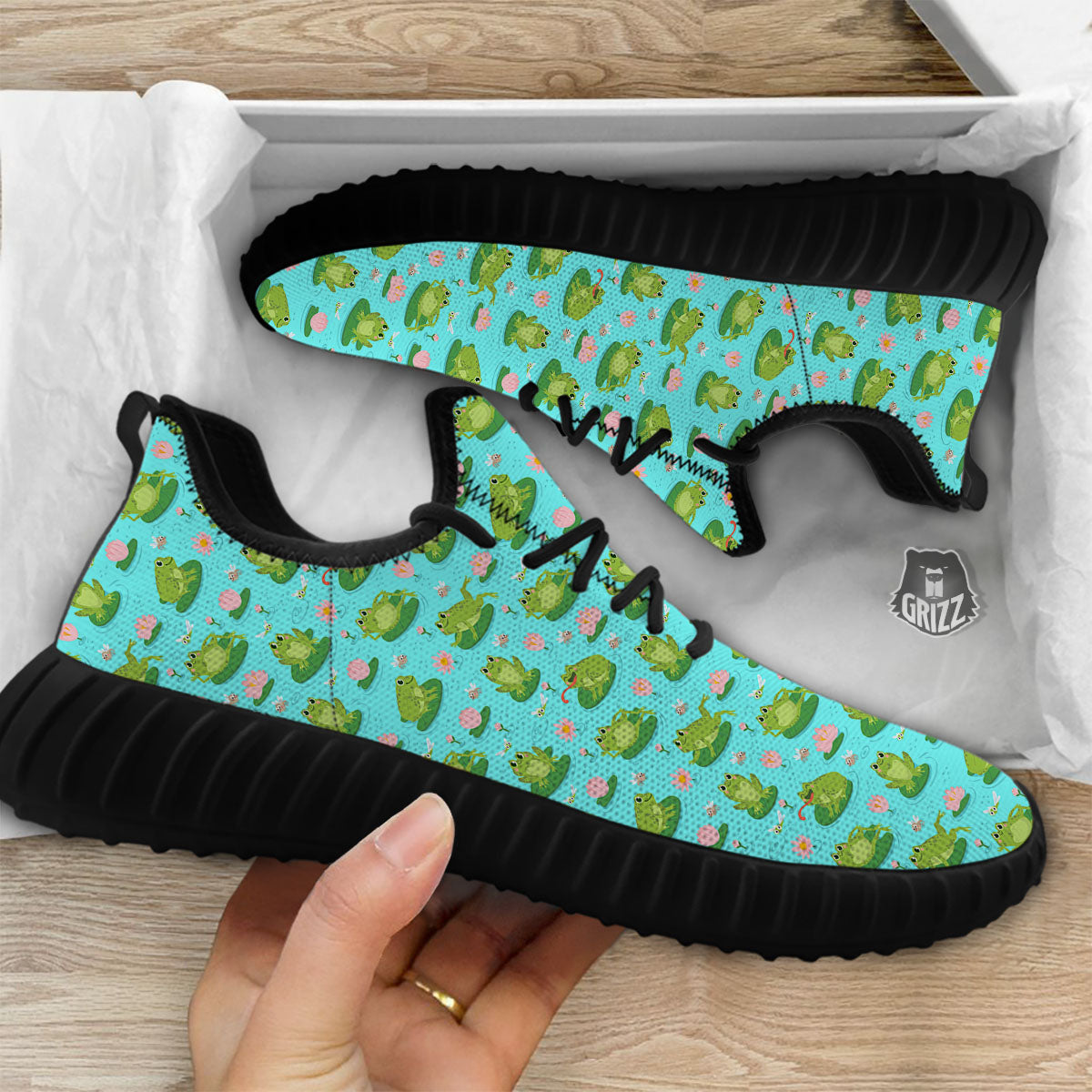 Water Lilies And Frogs Print Pattern Black Walking Shoes-grizzshop