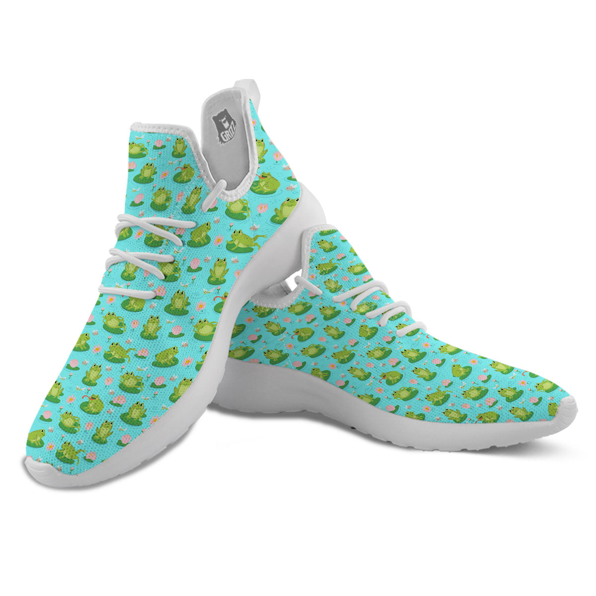 Water Lilies And Frogs Print Pattern White Athletic Shoes-grizzshop