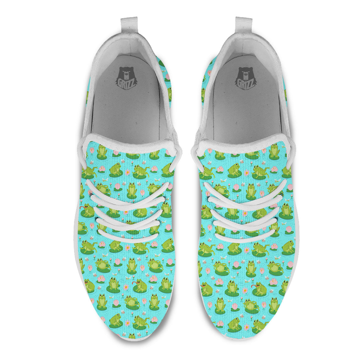 Water Lilies And Frogs Print Pattern White Athletic Shoes-grizzshop