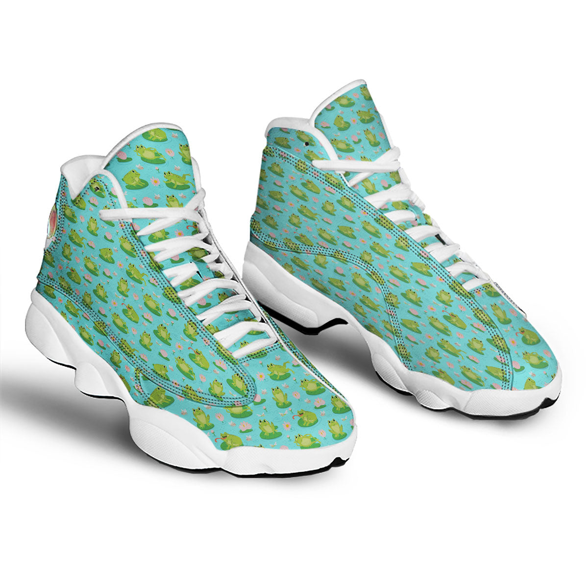 Water Lilies And Frogs Print Pattern White Basketball Shoes-grizzshop