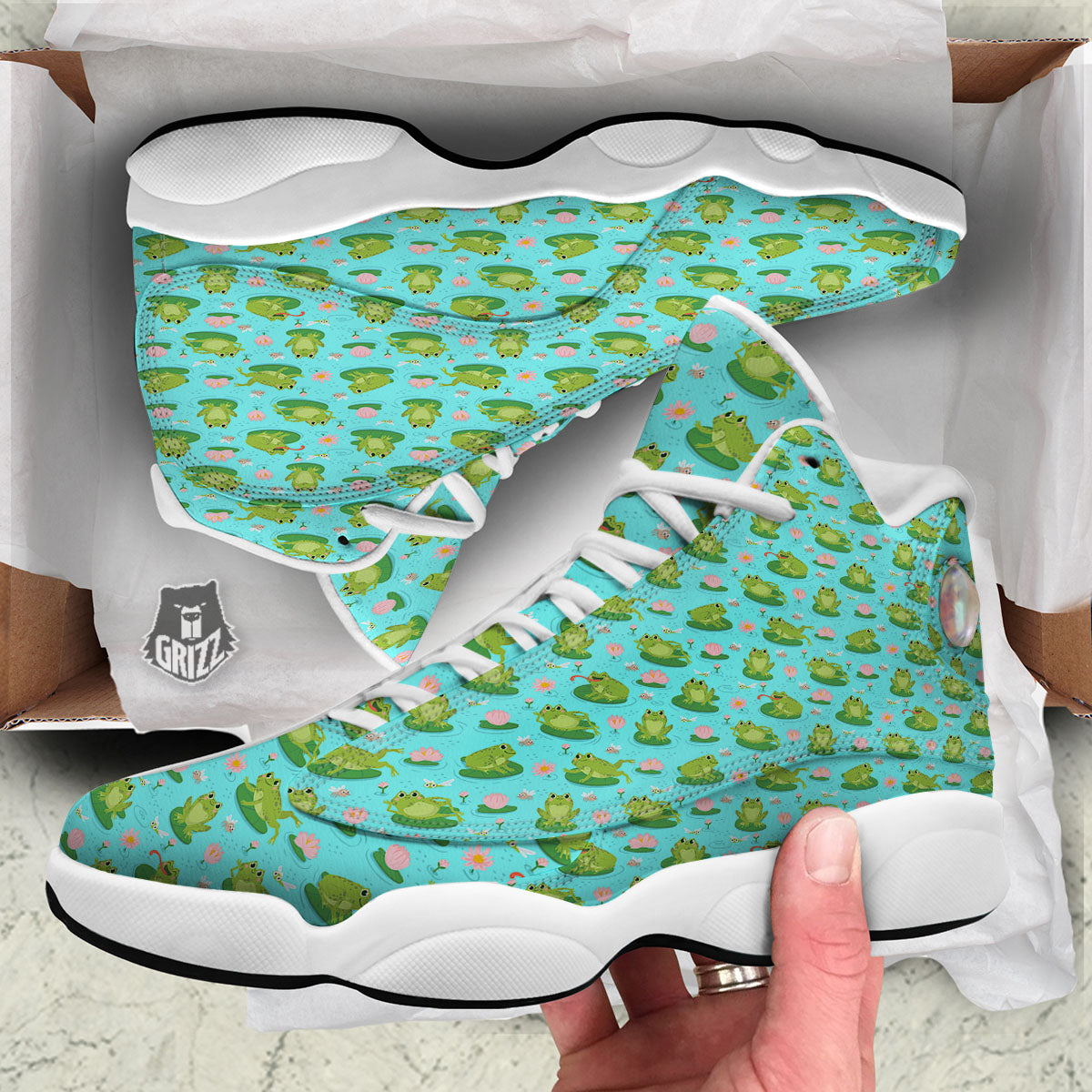 Water Lilies And Frogs Print Pattern White Basketball Shoes-grizzshop