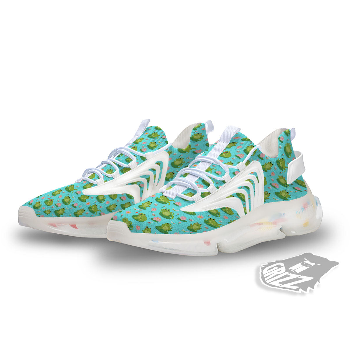 Water Lilies And Frogs Print Pattern White Gym Shoes-grizzshop