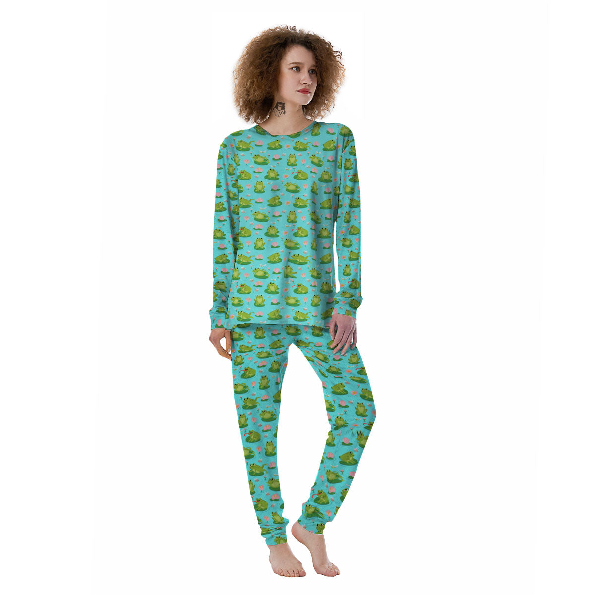 Water Lilies And Frogs Print Pattern Women's Pajamas-grizzshop